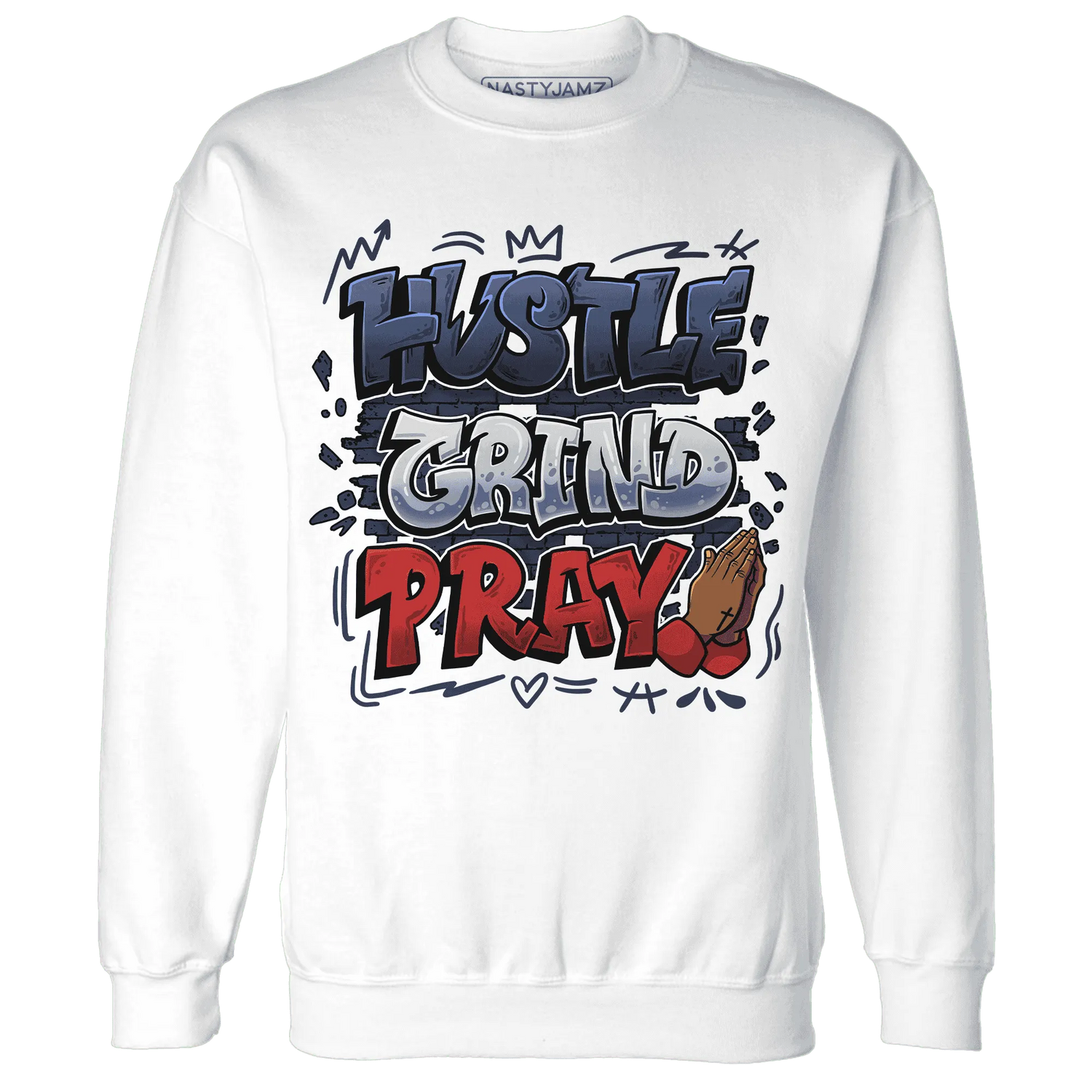 White-Navy-6s-Sweatshirt-Match-Hustle-Grind-Pray