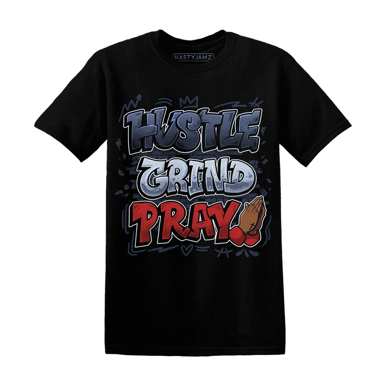 White-Navy-6s-T-Shirt-Match-Hustle-Grind-Pray