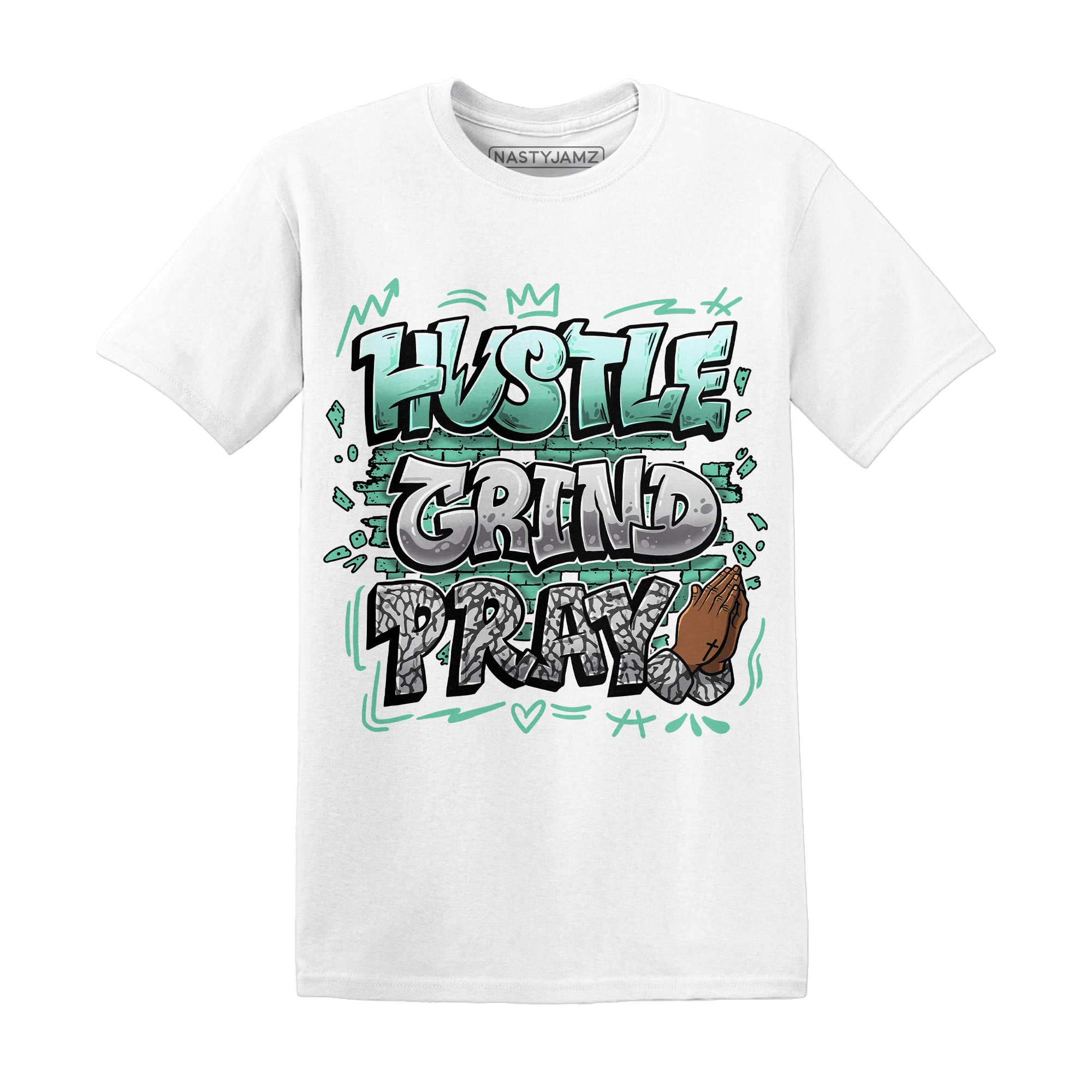 Green Glow 3s T Shirt Match Hustle Grind Pray - NastyJamz