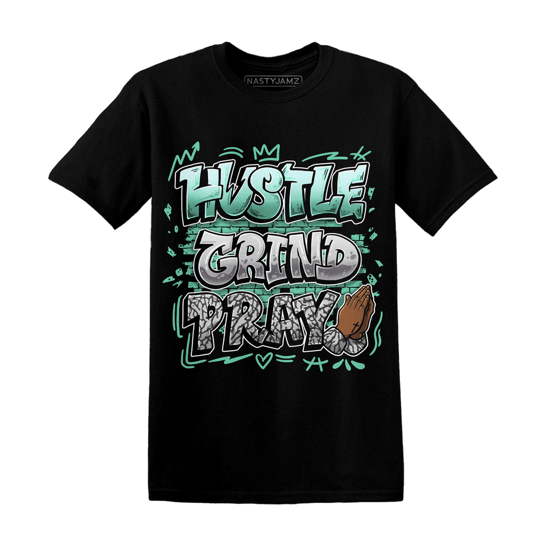 Green Glow 3s T Shirt Match Hustle Grind Pray - NastyJamz