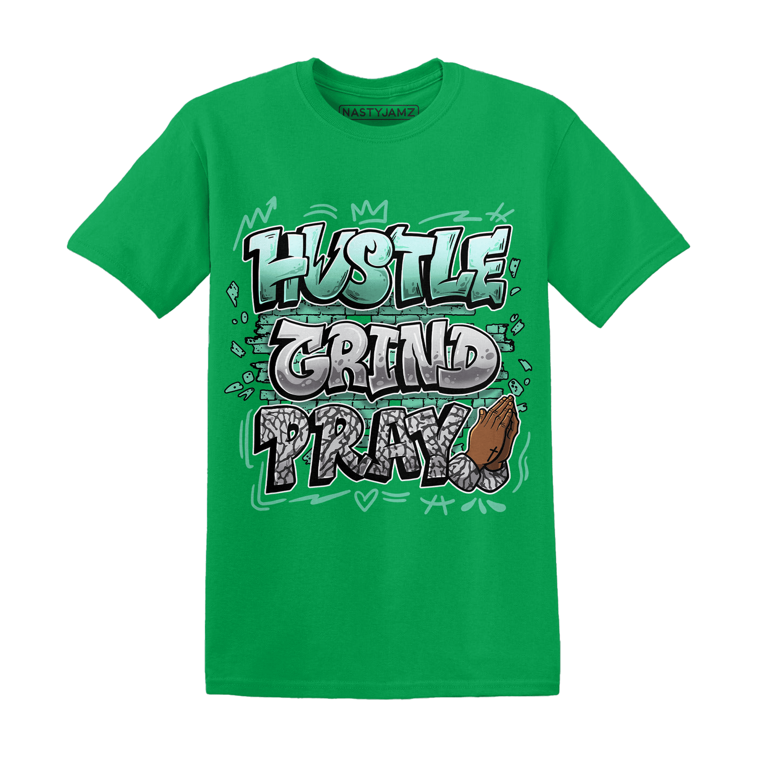 Green Glow 3s T Shirt Match Hustle Grind Pray - NastyJamz