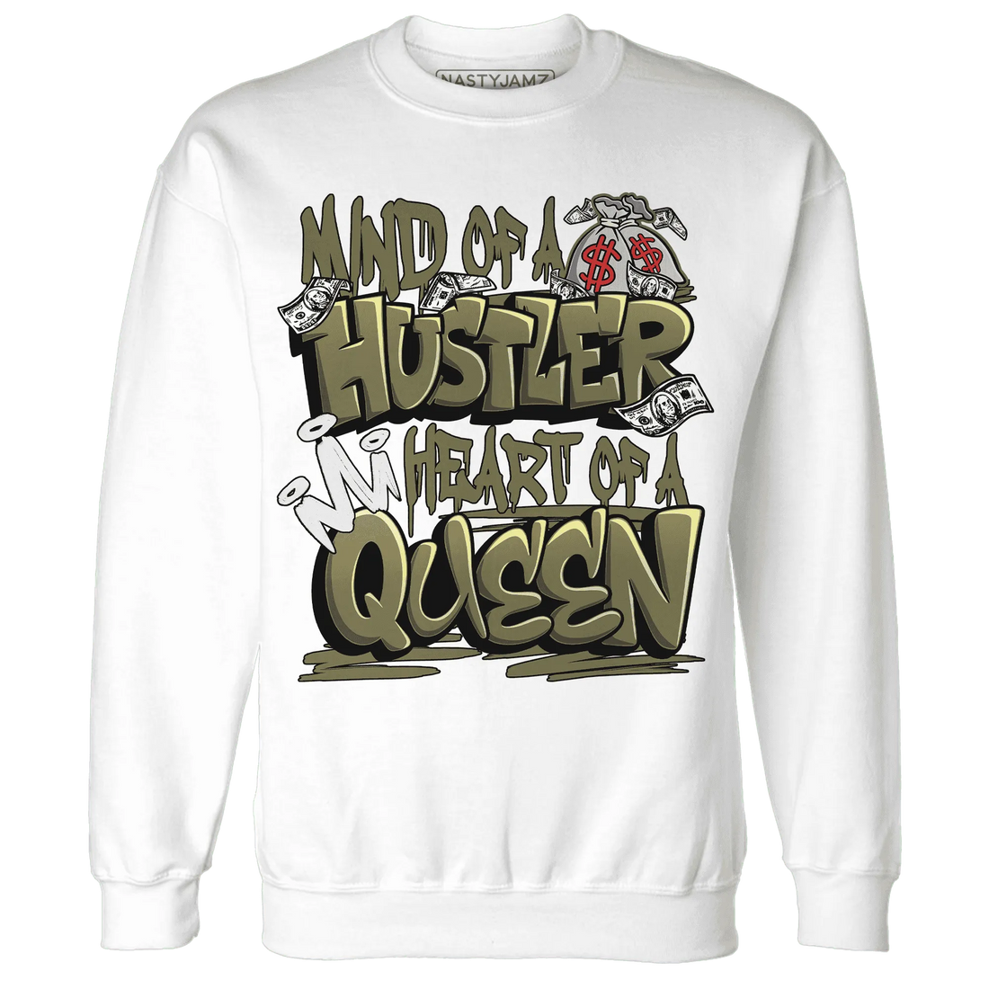 NastyJamz-Medium-Olive-1s-Sweatshirt-Match-Hustler-Heart-Queen