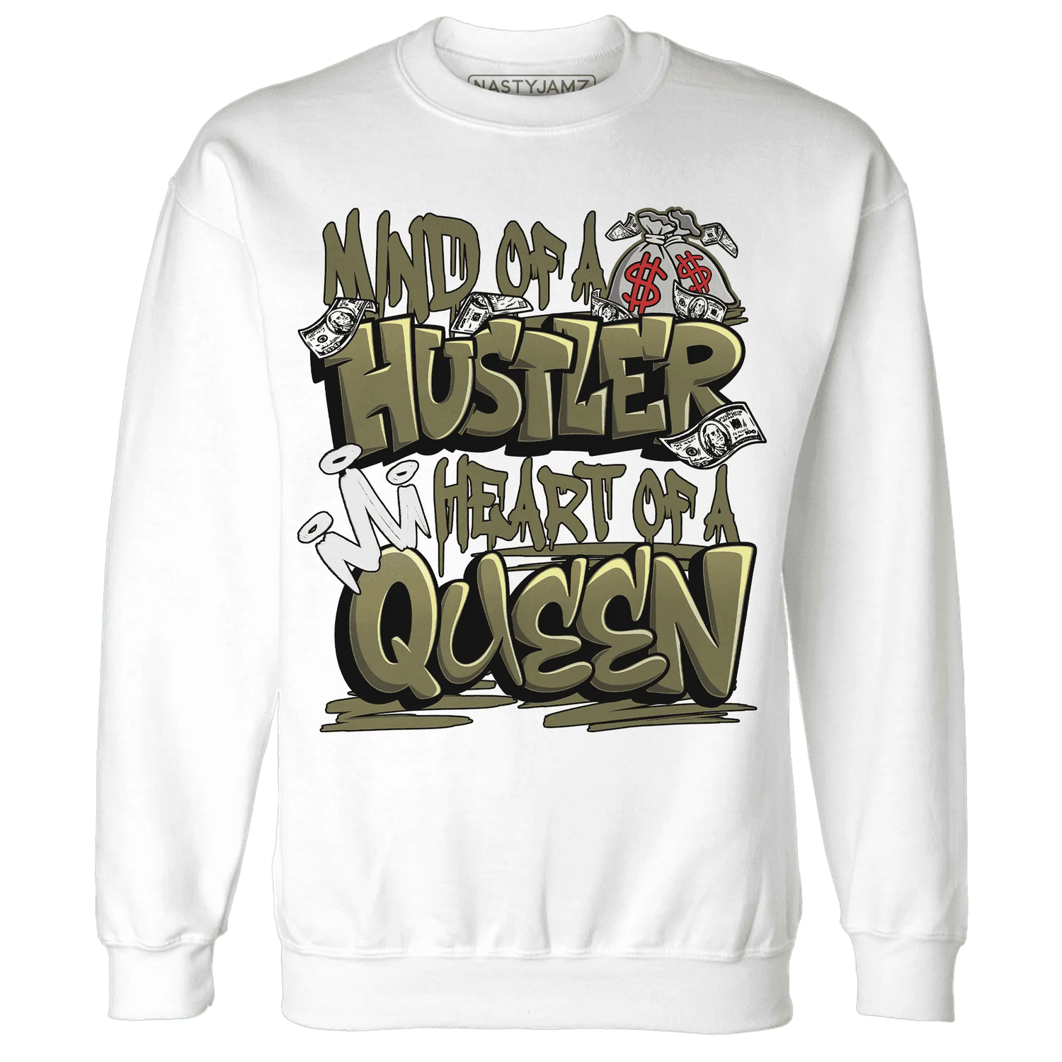 NastyJamz-Medium-Olive-1s-Sweatshirt-Match-Hustler-Heart-Queen