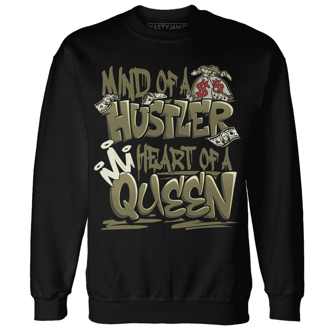 NastyJamz-Medium-Olive-1s-Sweatshirt-Match-Hustler-Heart-Queen