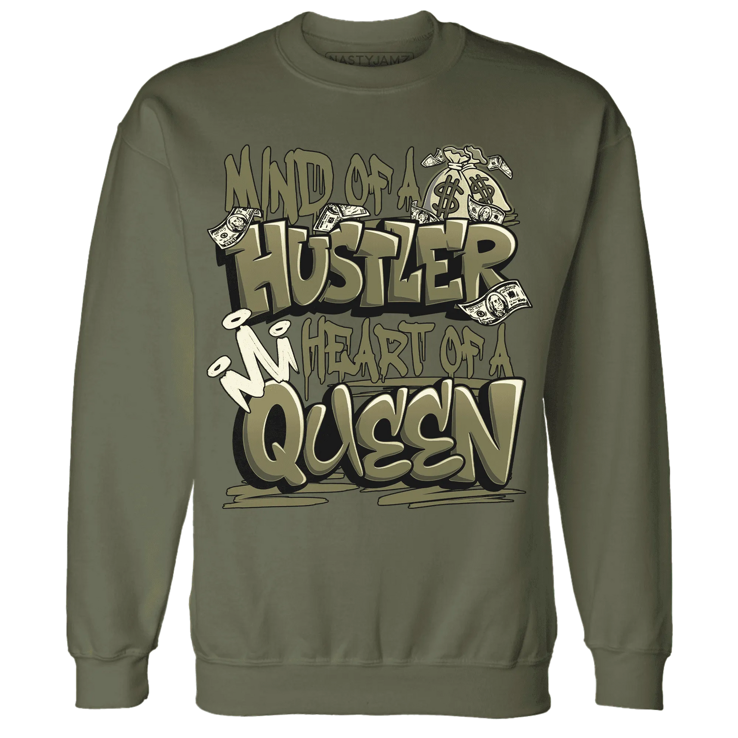 NastyJamz-Medium-Olive-1s-Sweatshirt-Match-Hustler-Heart-Queen