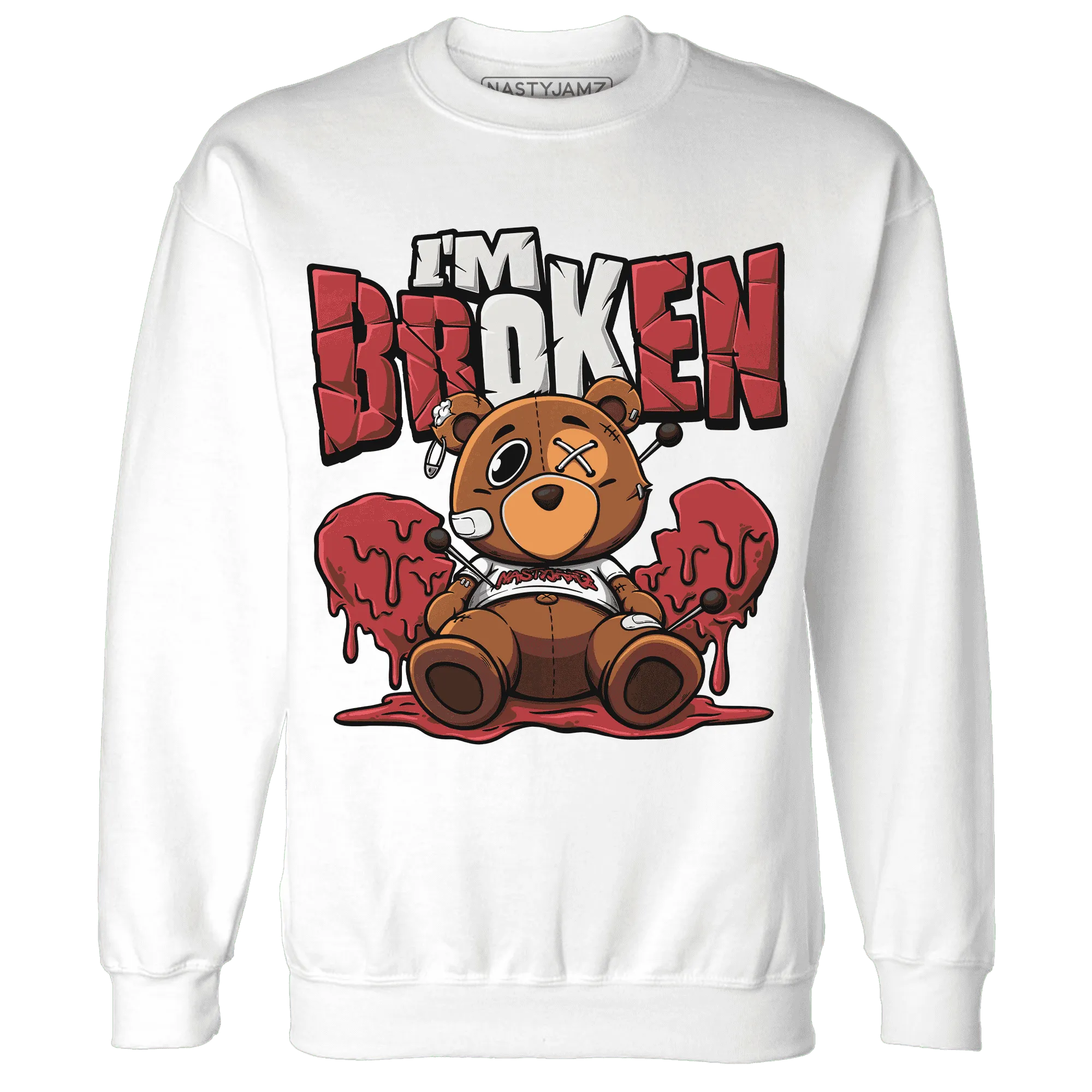 Black-Toe-Reimagined-Red-White-1s-NastyJamz-Sweatshirt-Match-Im-Broken-BER
