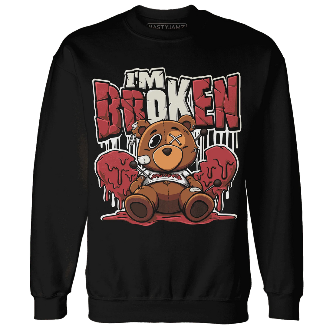 Black-Toe-Reimagined-Red-White-1s-NastyJamz-Sweatshirt-Match-Im-Broken-BER
