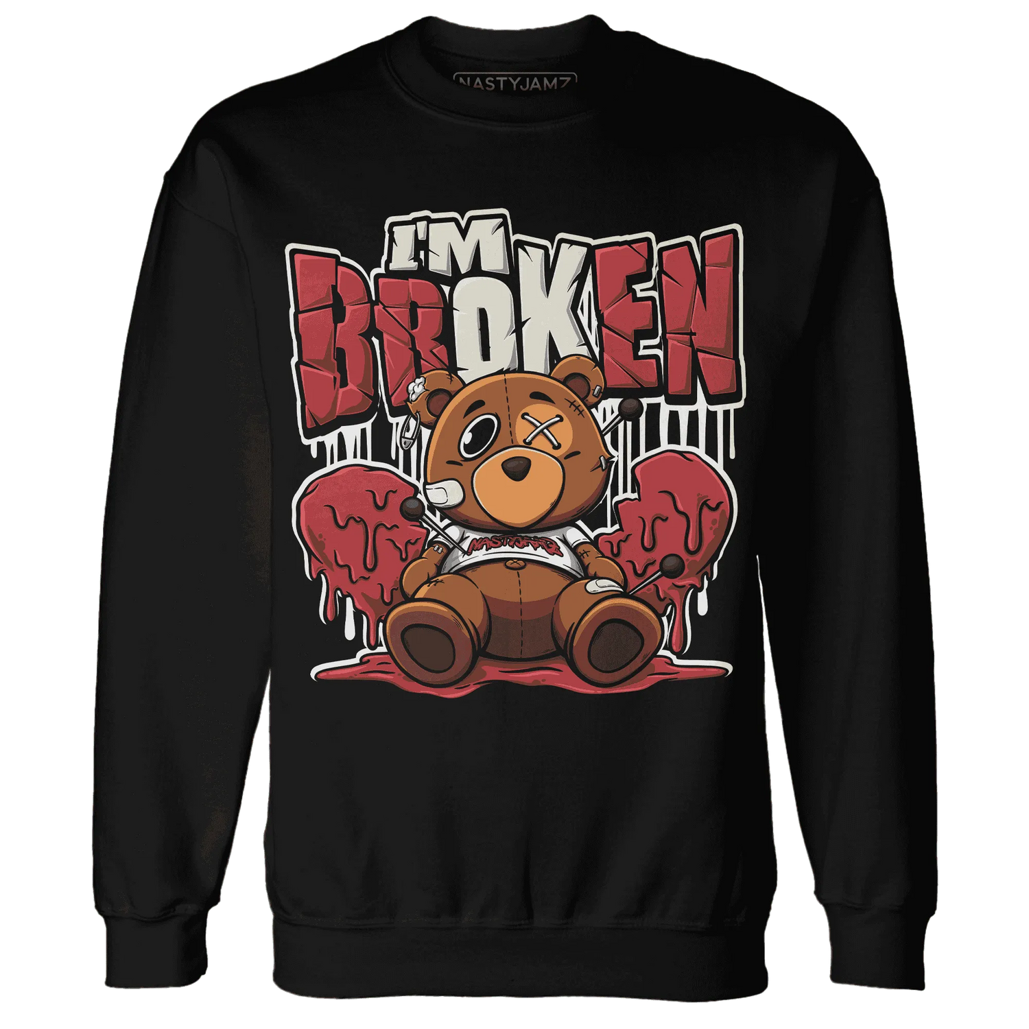 Black-Toe-Reimagined-Red-White-1s-NastyJamz-Sweatshirt-Match-Im-Broken-BER