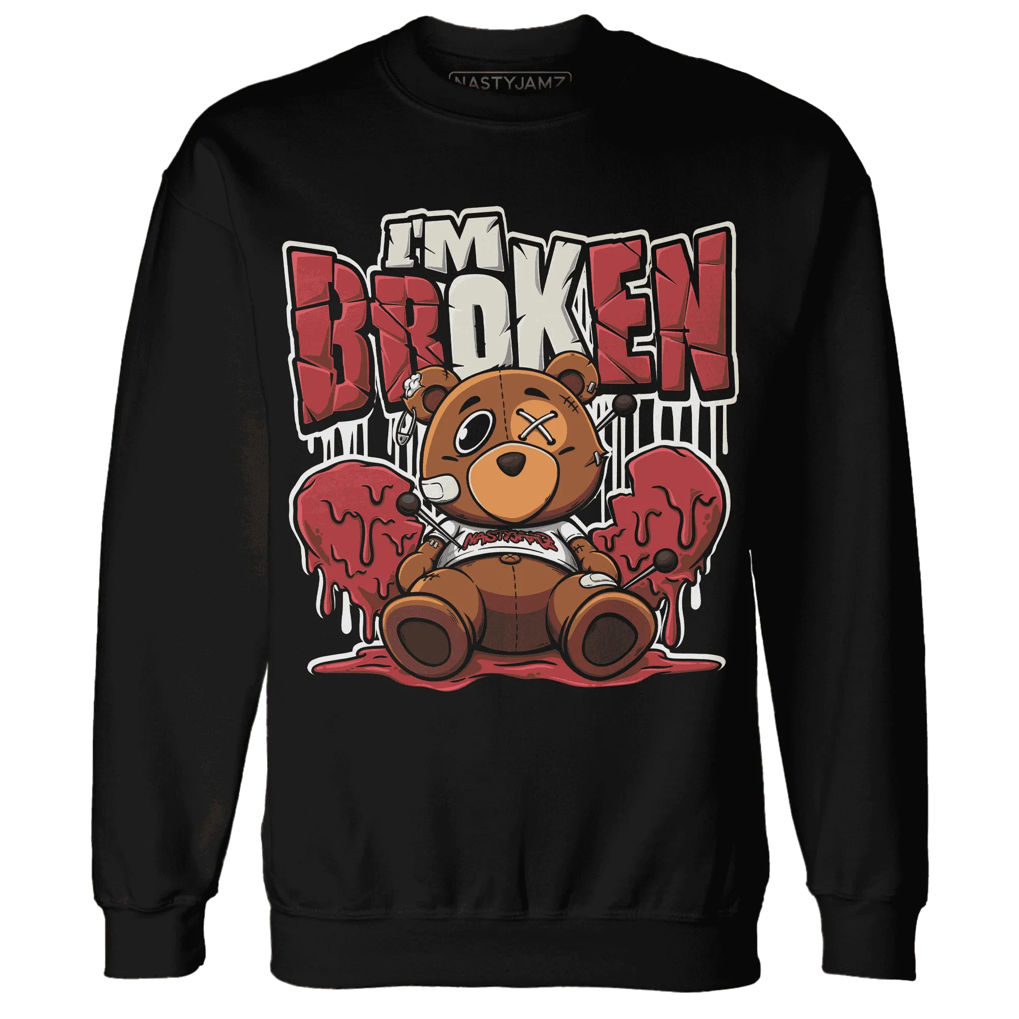 Black-Toe-Reimagined-Red-White-1s-NastyJamz-Sweatshirt-Match-Im-Broken-BER