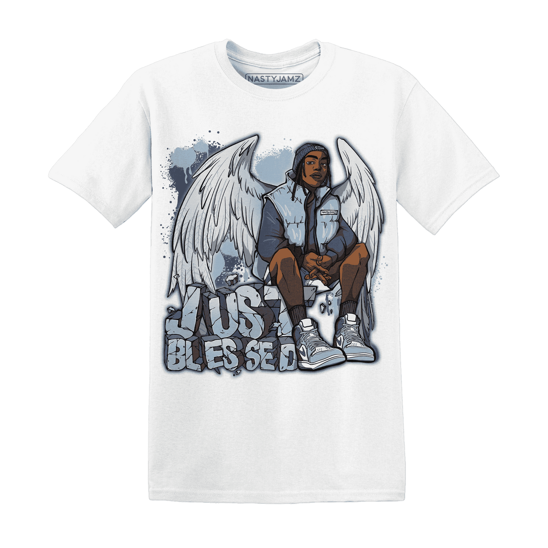 Mid Diffused Blue Grey 1s T Shirt Match Just Blessed - NastyJamz