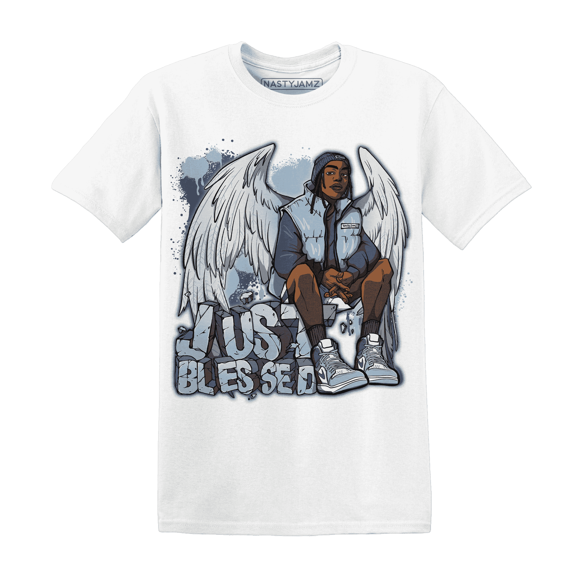 Mid Diffused Blue Grey 1s T Shirt Match Just Blessed - NastyJamz