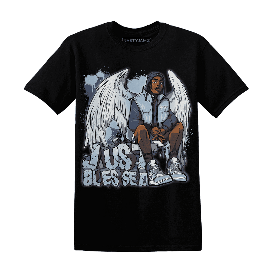 Mid Diffused Blue Grey 1s T Shirt Match Just Blessed - NastyJamz