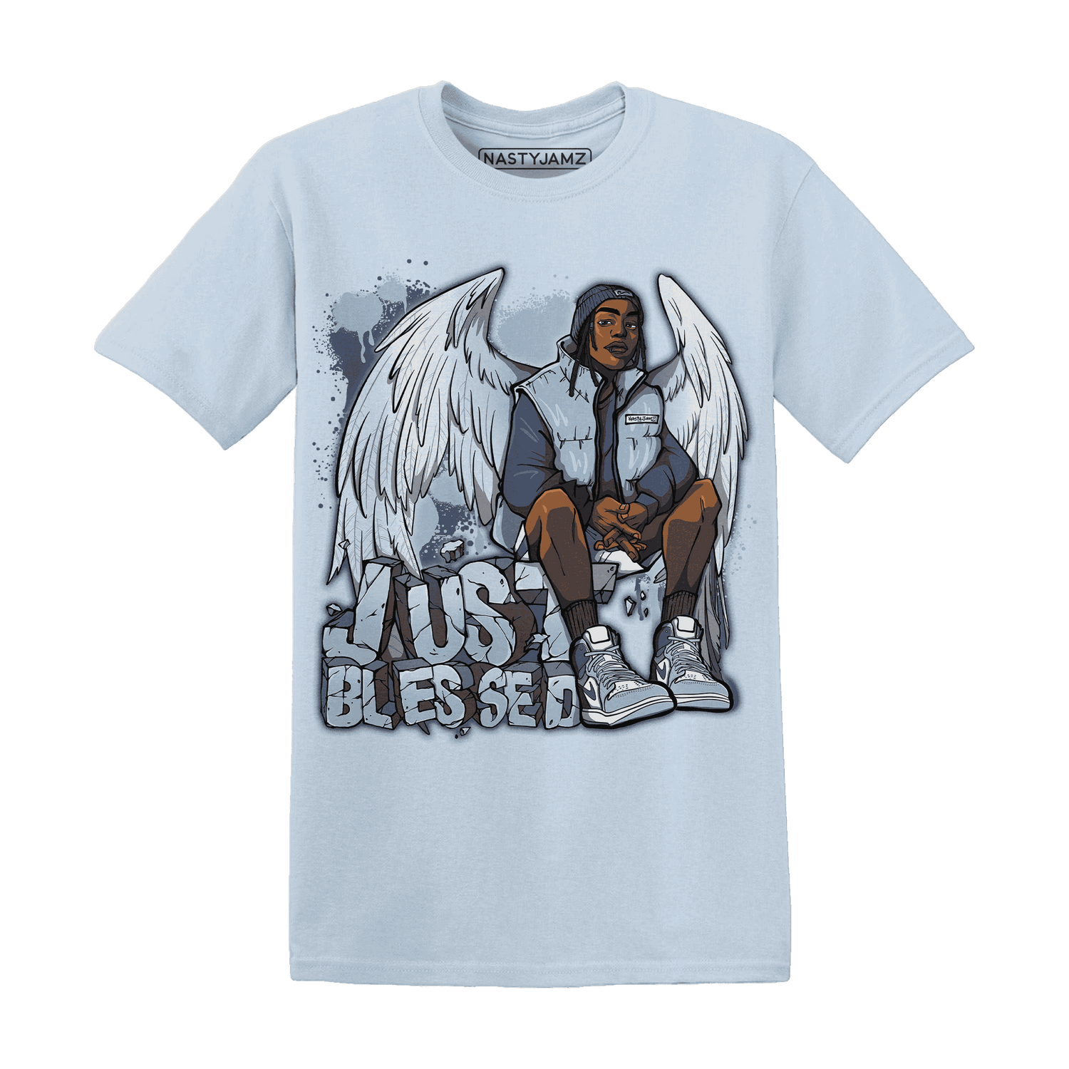 Mid Diffused Blue Grey 1s T Shirt Match Just Blessed - NastyJamz