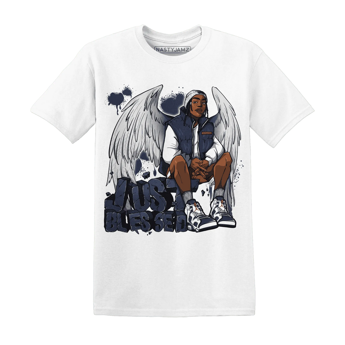 White-Navy-6s-T-Shirt-Match-Just-Blessed