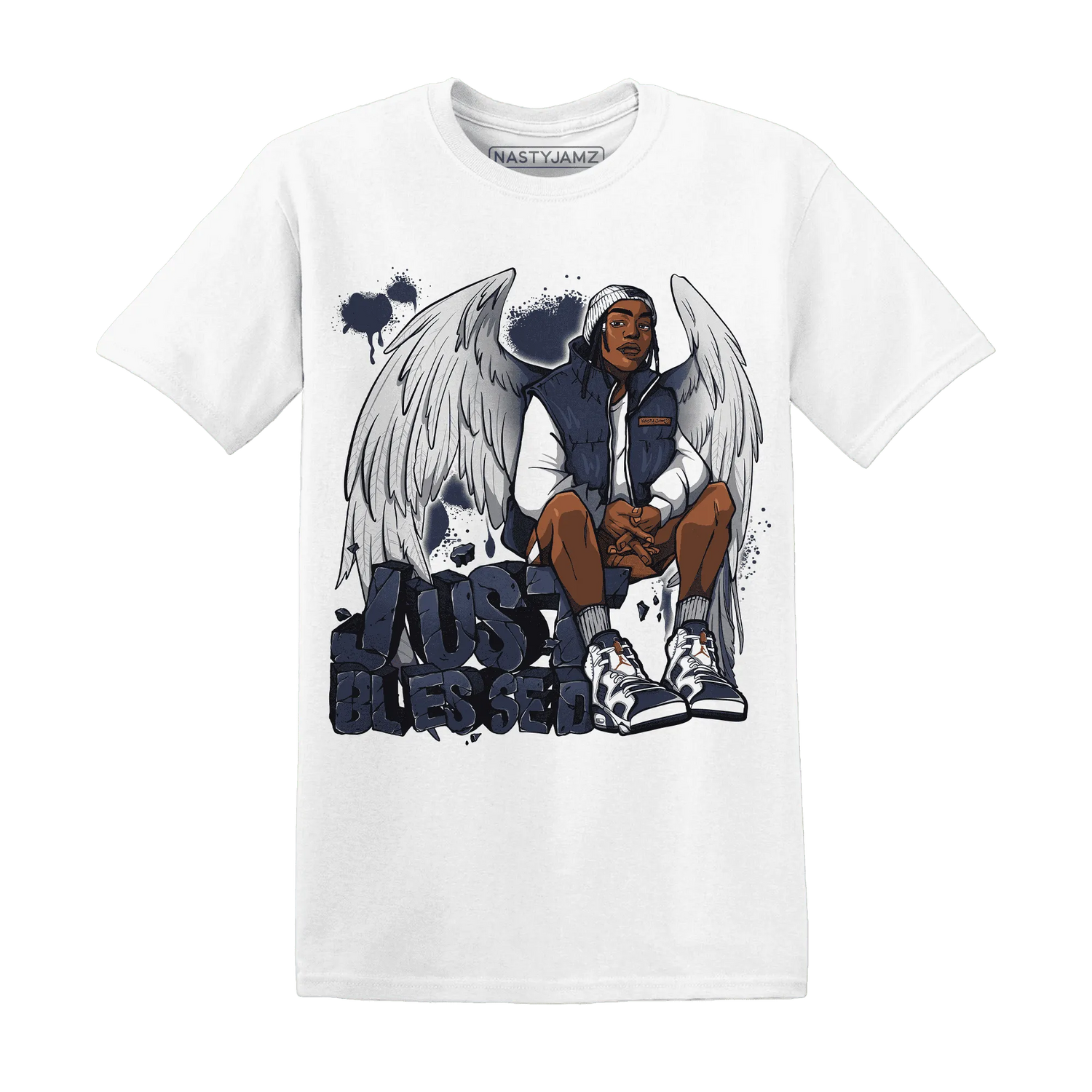 White-Navy-6s-T-Shirt-Match-Just-Blessed