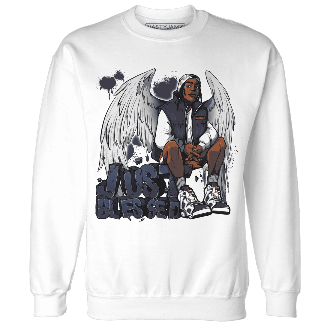 White-Navy-6s-Sweatshirt-Match-Just-Blessed