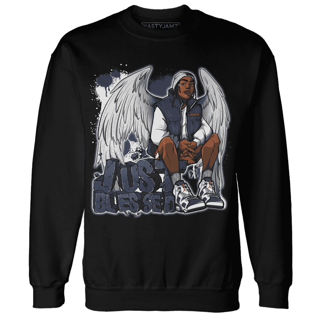 White-Navy-6s-Sweatshirt-Match-Just-Blessed