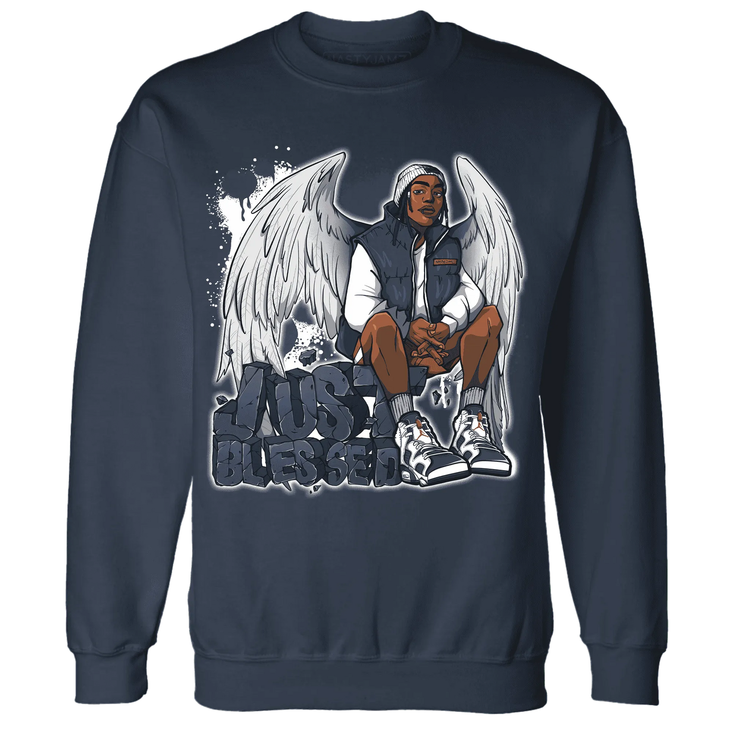 White-Navy-6s-Sweatshirt-Match-Just-Blessed