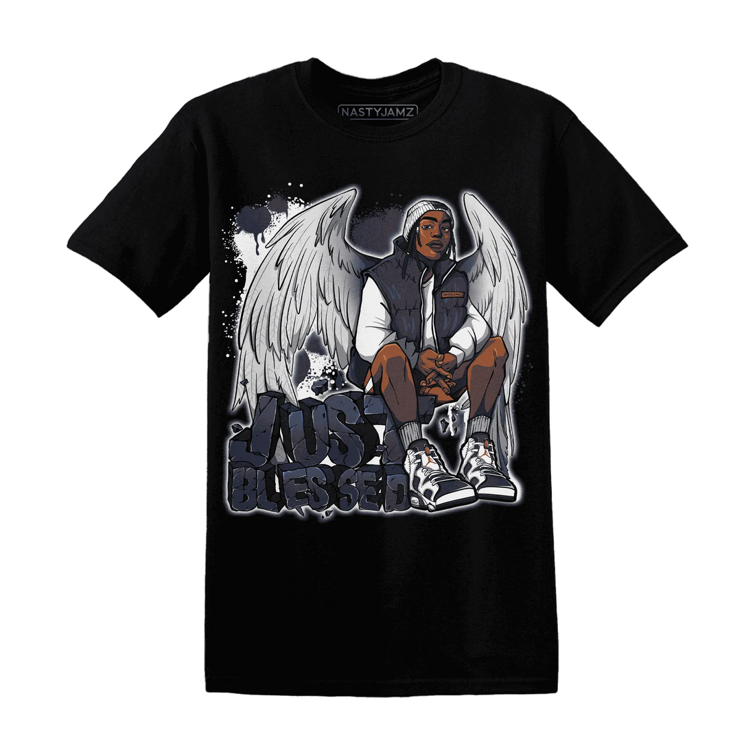 White-Navy-6s-T-Shirt-Match-Just-Blessed