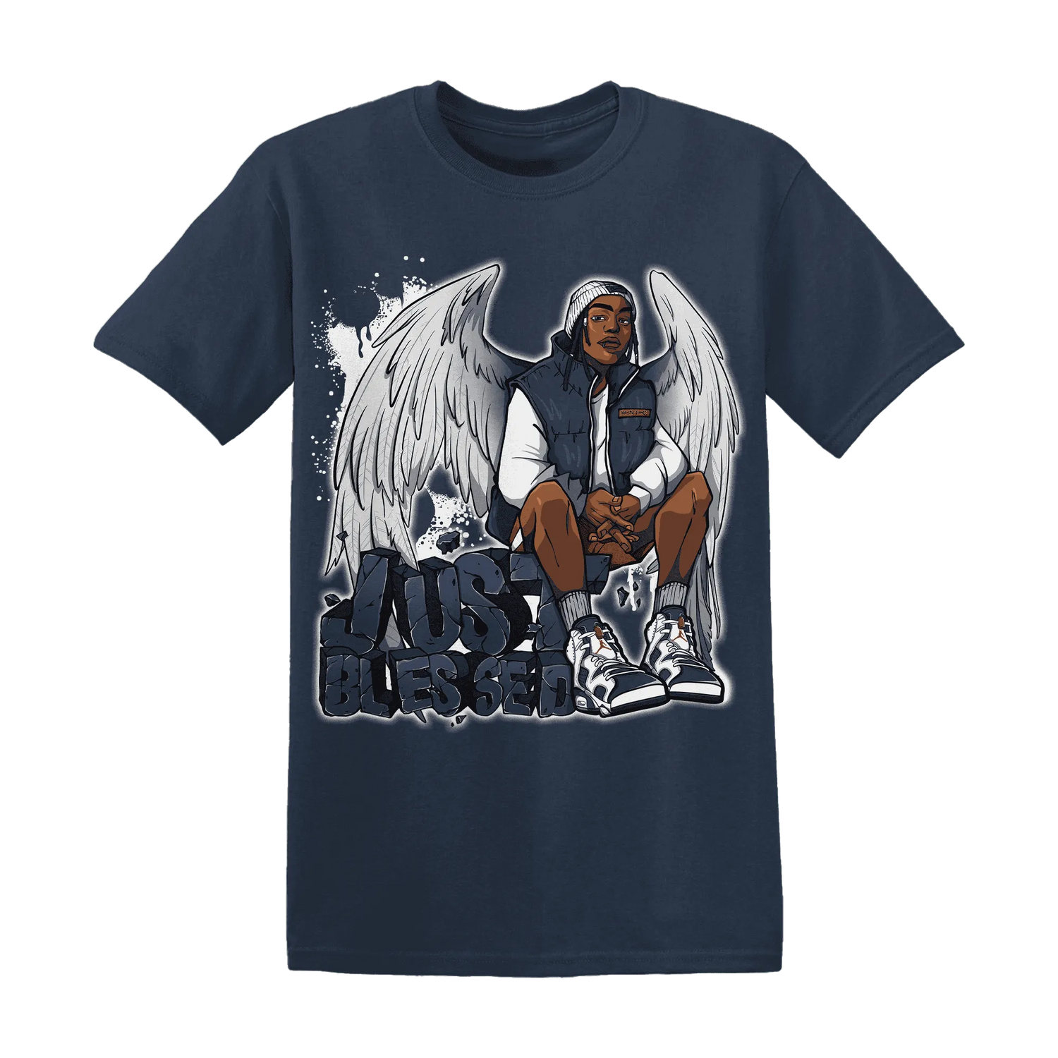 White-Navy-6s-T-Shirt-Match-Just-Blessed