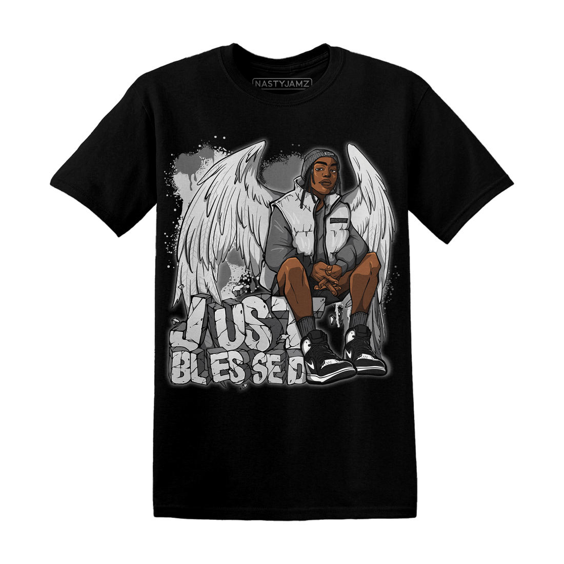 Retro High OG Black White 1s T Shirt Match Just Blessed - NastyJamz