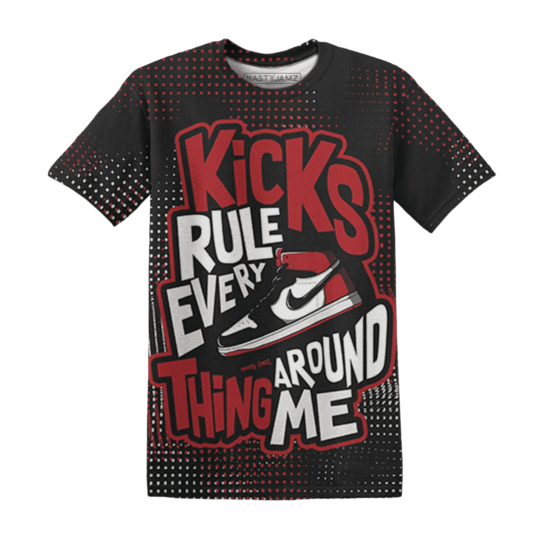 Black-Toe-Reimagined-Red-White-1s-NastyJamz-T-Shirt-Match-Kicks-Rule-3D