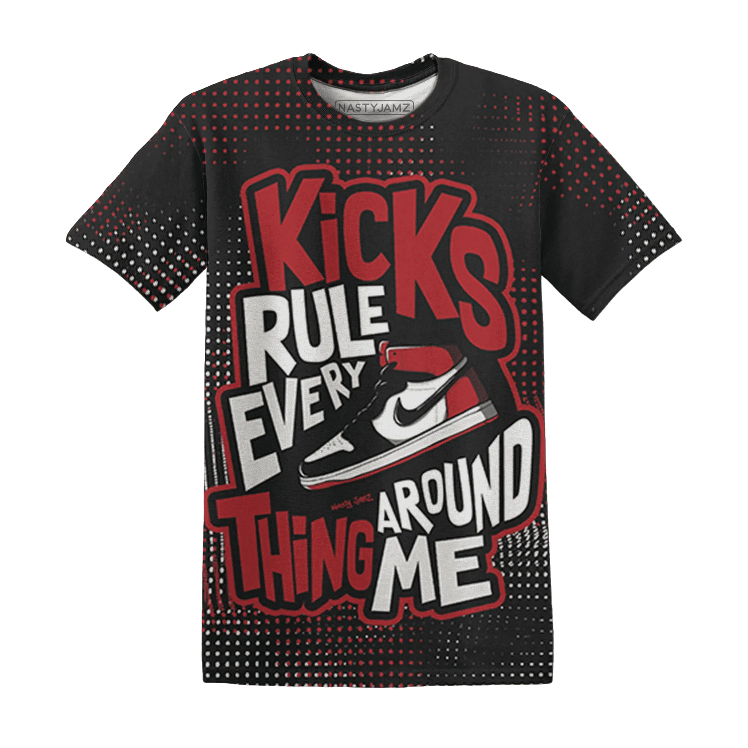 Black-Toe-Reimagined-Red-White-1s-NastyJamz-T-Shirt-Match-Kicks-Rule-3D