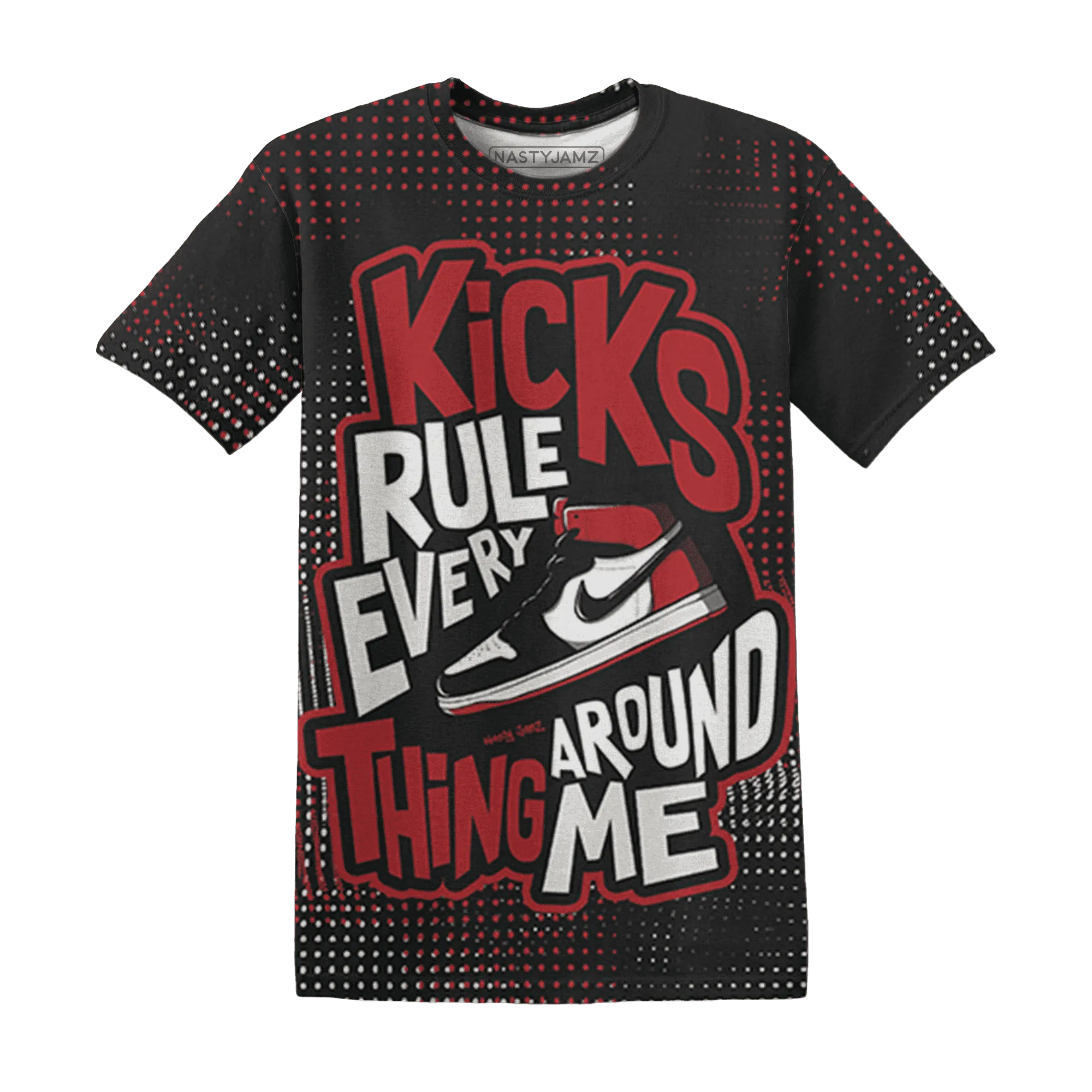 Black-Toe-Reimagined-Red-White-1s-NastyJamz-T-Shirt-Match-Kicks-Rule-3D
