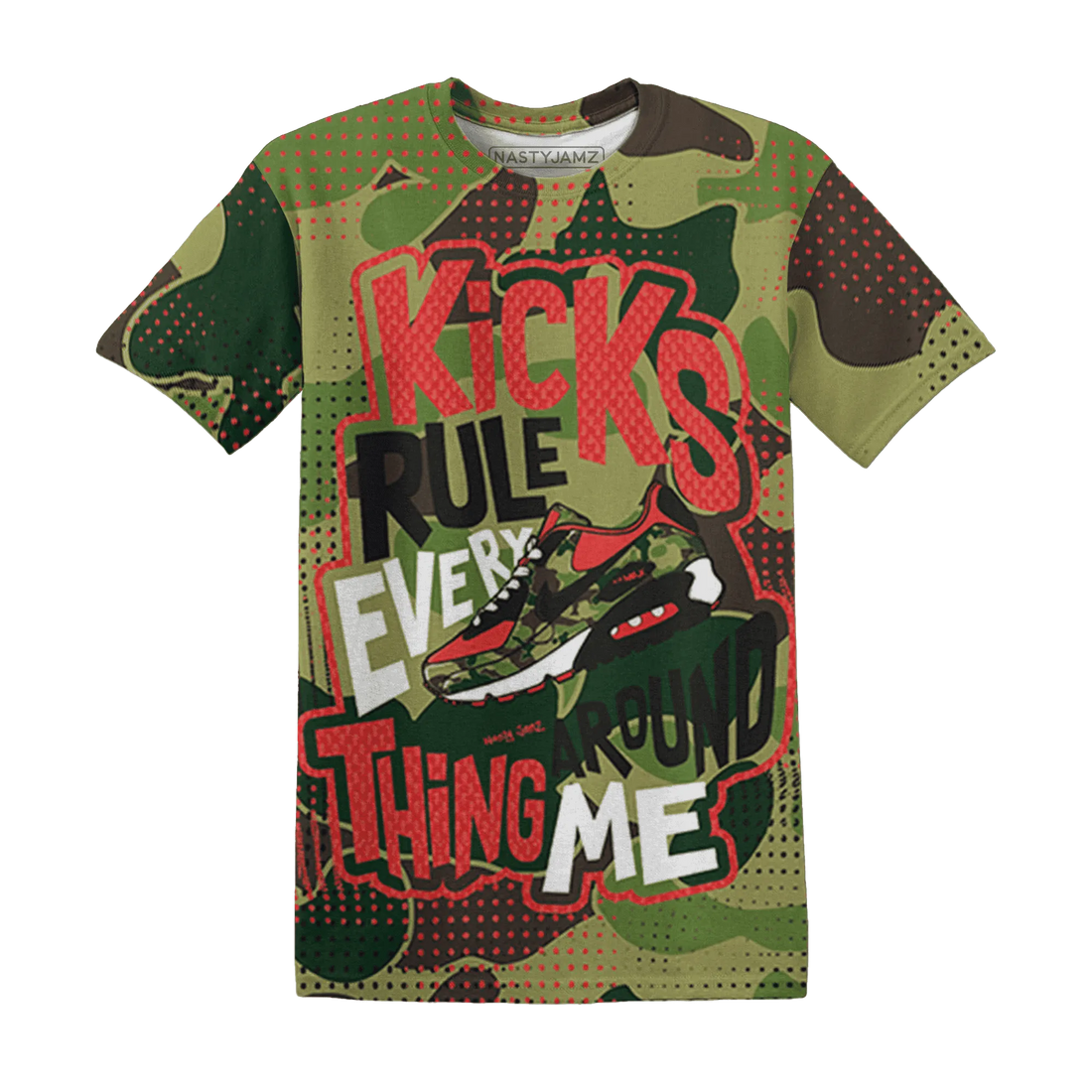 AM-90-Dark-Sage-Solar-Red-NastyJamz-T-Shirt-Match-Kicks-Rule-3D