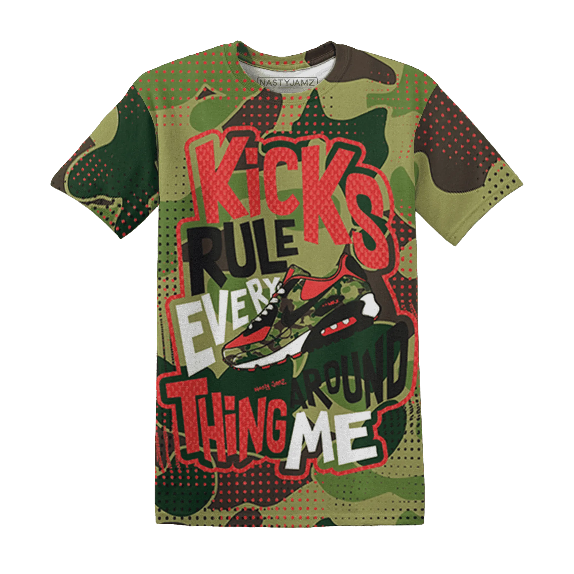 AM-90-Dark-Sage-Solar-Red-NastyJamz-T-Shirt-Match-Kicks-Rule-3D