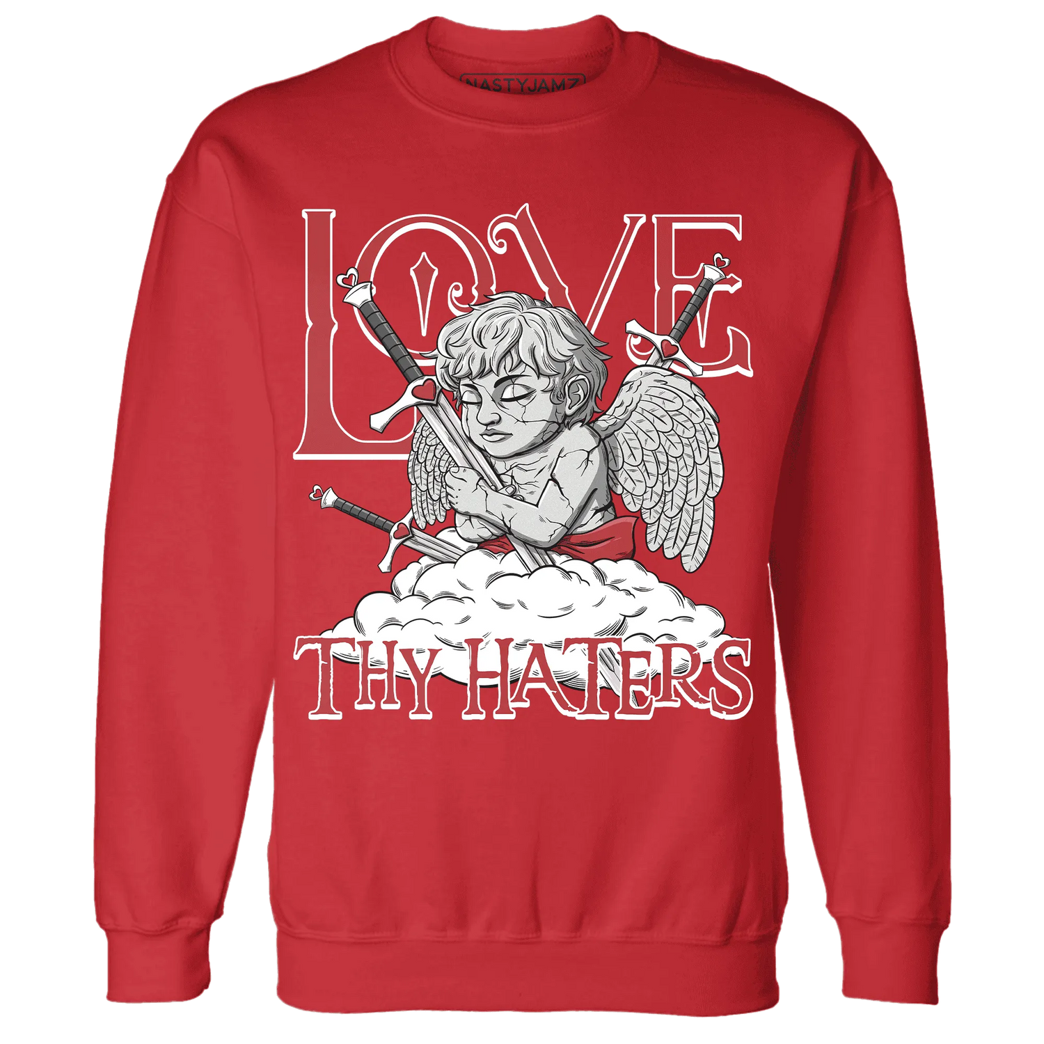 Black-Toe-Reimagined-Red-White-1s-NastyJamz-Sweatshirt-Match-Love-Thy-Haters-Angel