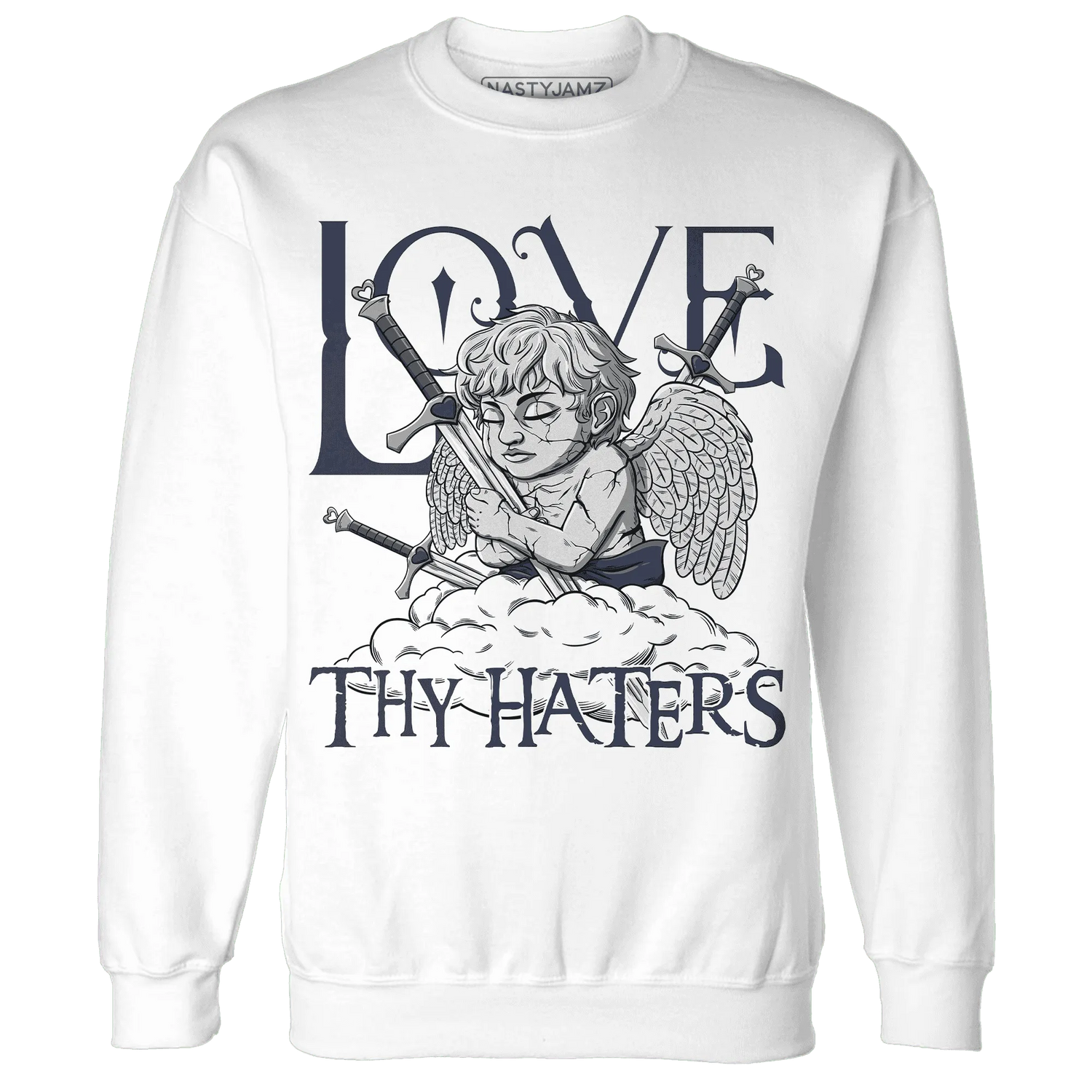 VaporMax-Plus-Midnight-Navy-White-Metallic-Silver-NastyJamz-Sweatshirt-Match-Love-Thy-Haters-Angel