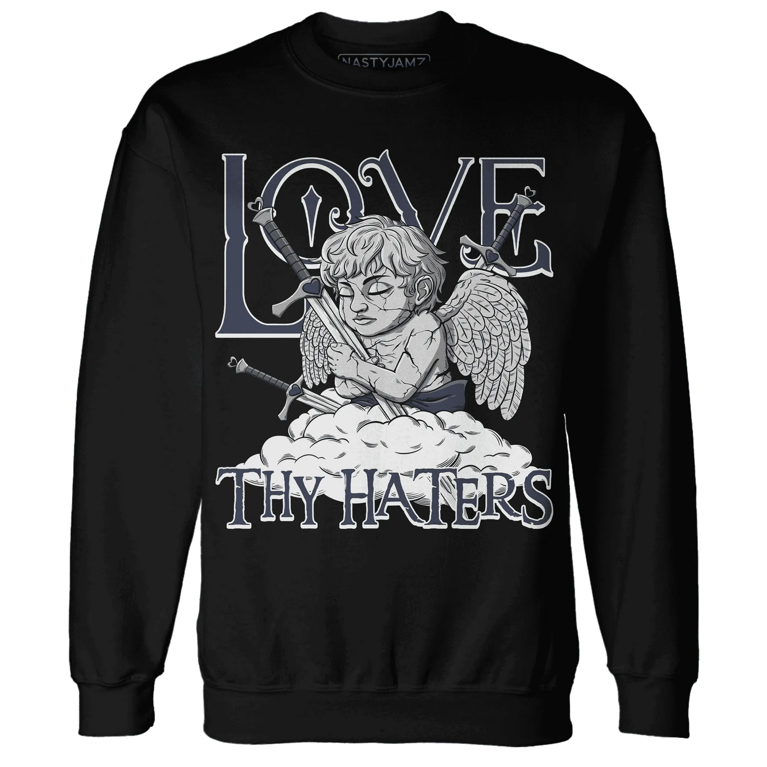 VaporMax-Plus-Midnight-Navy-White-Metallic-Silver-NastyJamz-Sweatshirt-Match-Love-Thy-Haters-Angel