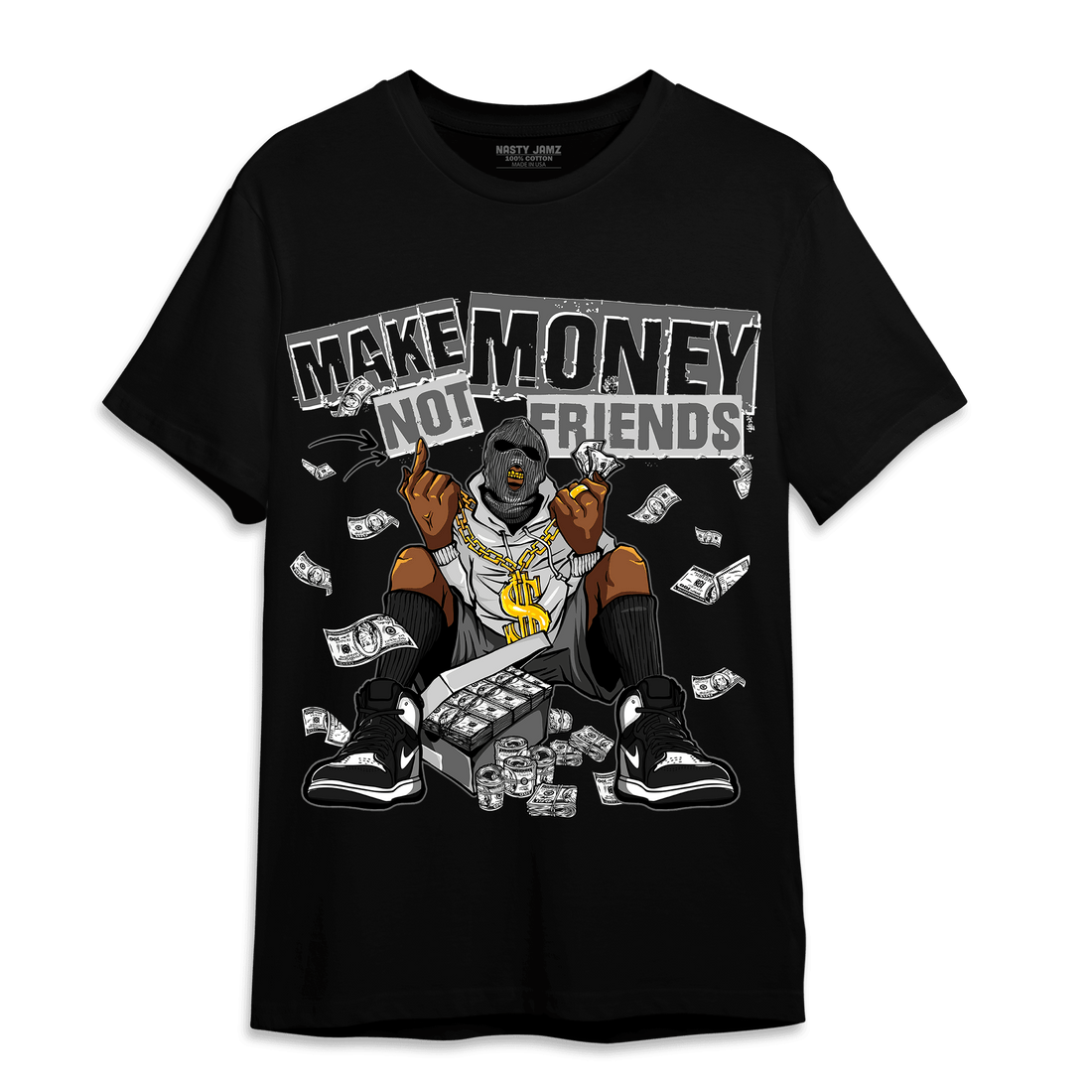 Retro High OG Black White 1s T Shirt Match Make Money Not Friends - NastyJamz