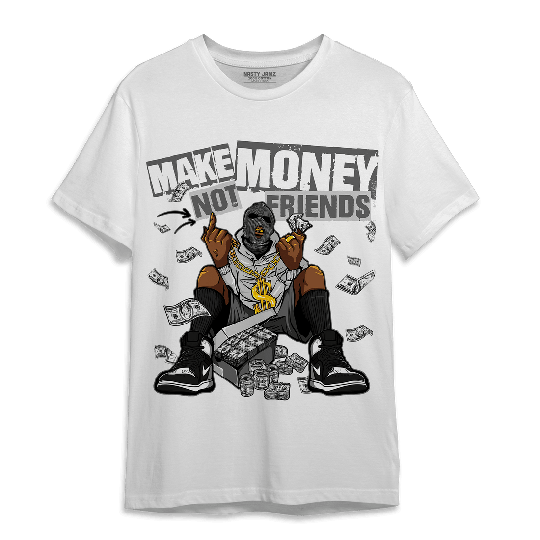 Retro High OG Black White 1s T Shirt Match Make Money Not Friends - NastyJamz