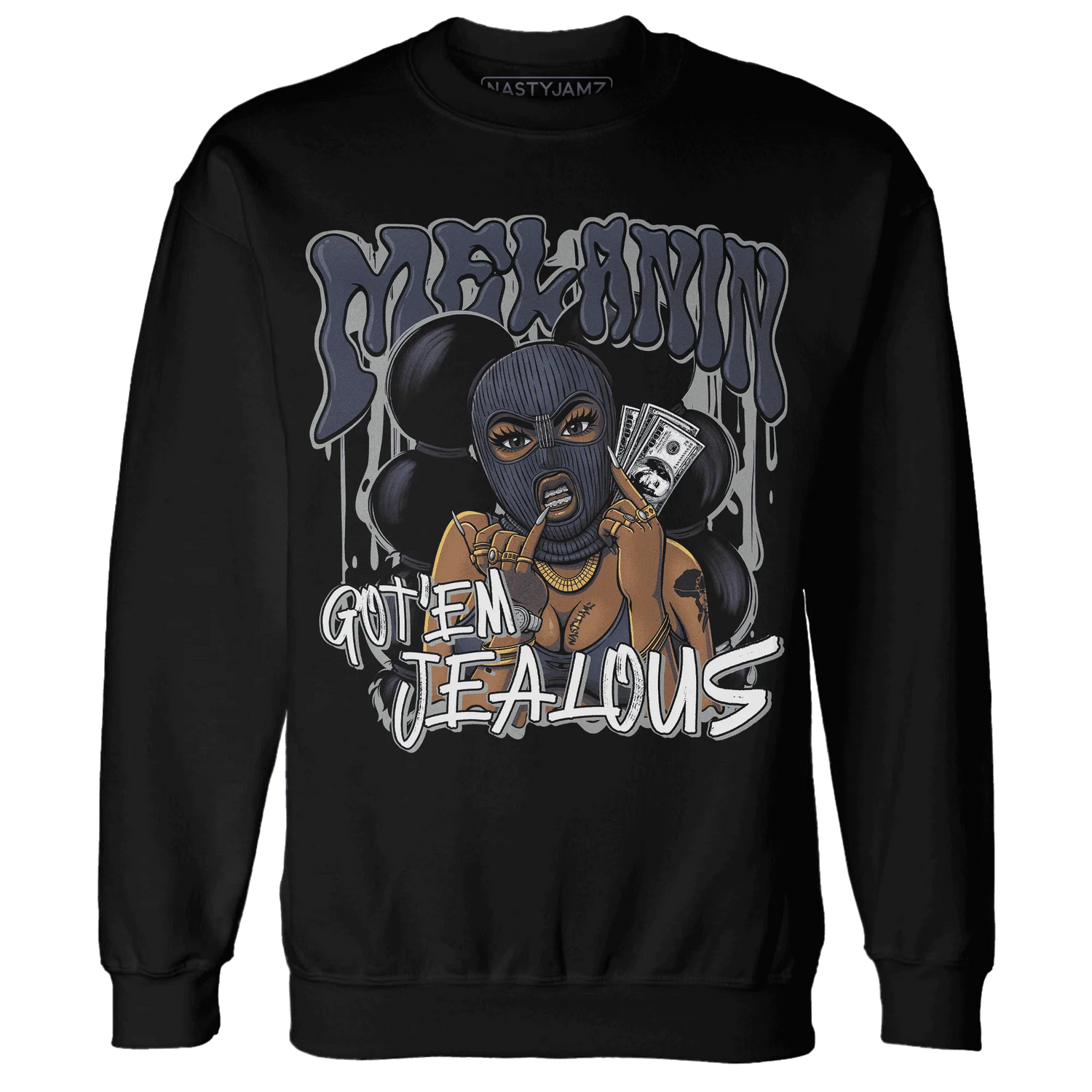 VaporMax-Plus-Midnight-Navy-White-Metallic-Silver-NastyJamz-Sweatshirt-Match-Melanin-Got-Em-Jealous