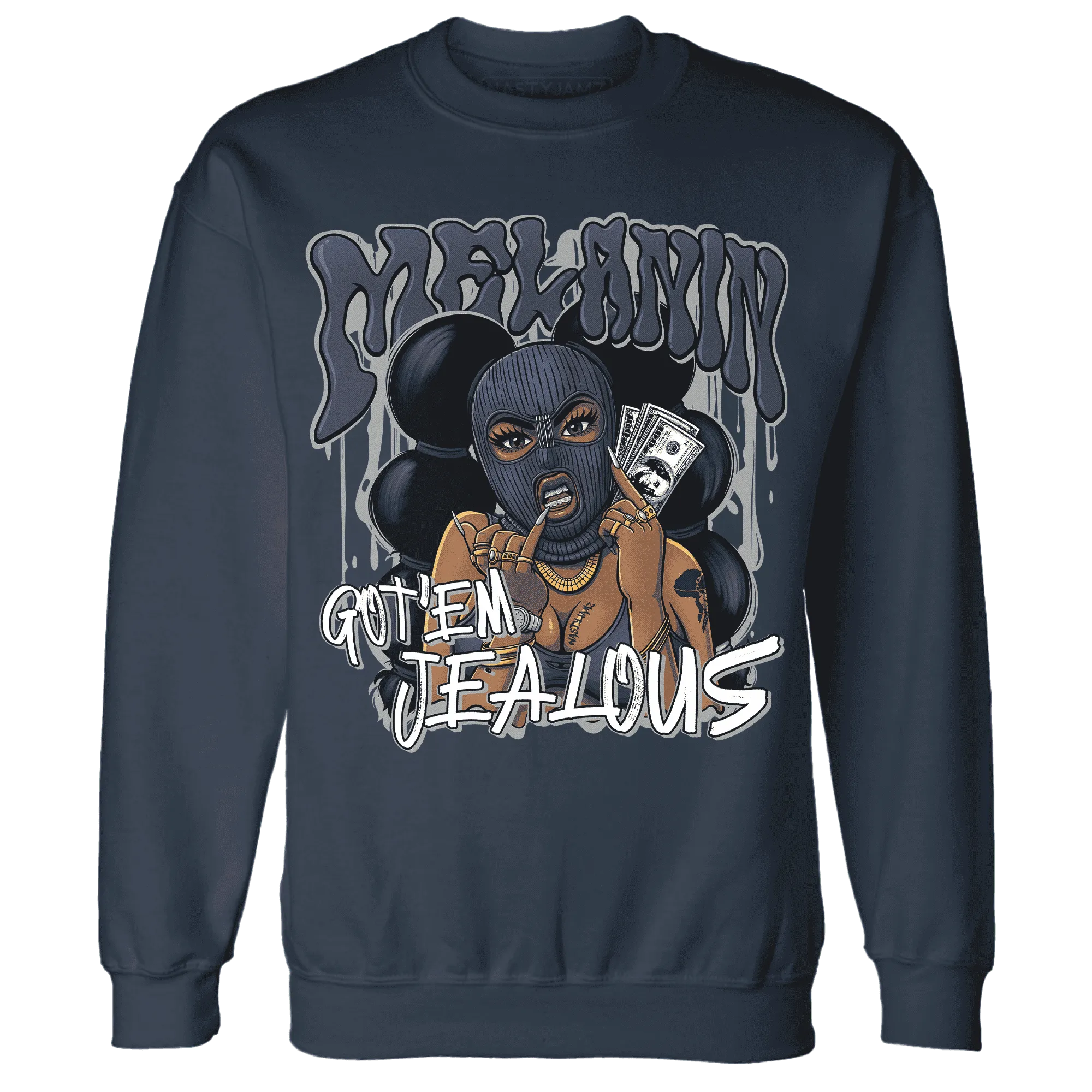 VaporMax-Plus-Midnight-Navy-White-Metallic-Silver-NastyJamz-Sweatshirt-Match-Melanin-Got-Em-Jealous