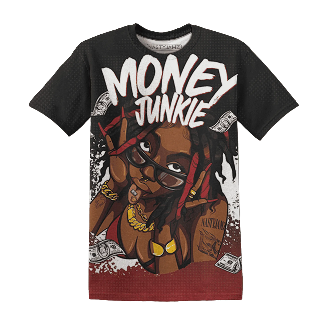Black-Toe-Reimagined-Red-White-1s-NastyJamz-T-Shirt-Match-Money-Junkie-3D