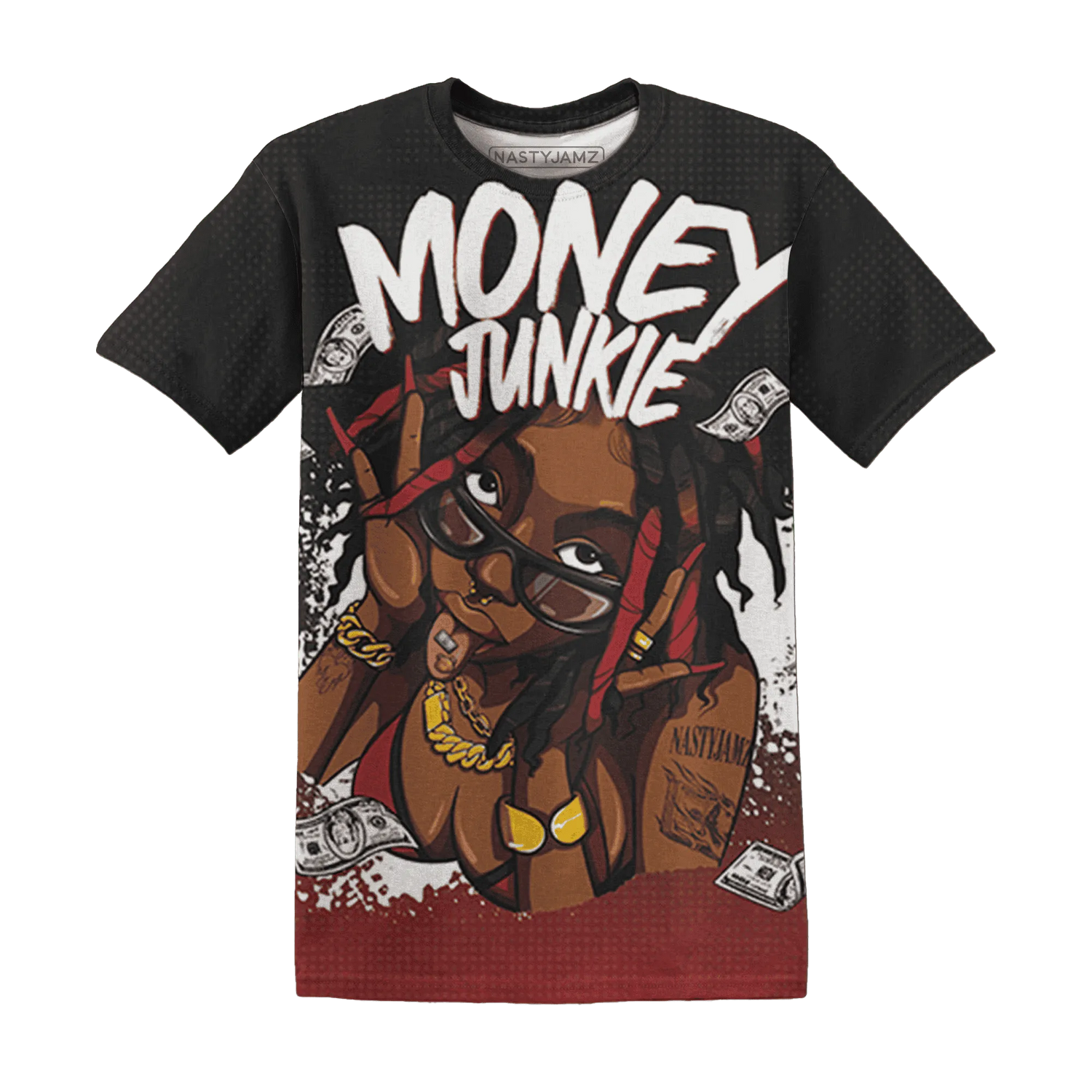 Black-Toe-Reimagined-Red-White-1s-NastyJamz-T-Shirt-Match-Money-Junkie-3D