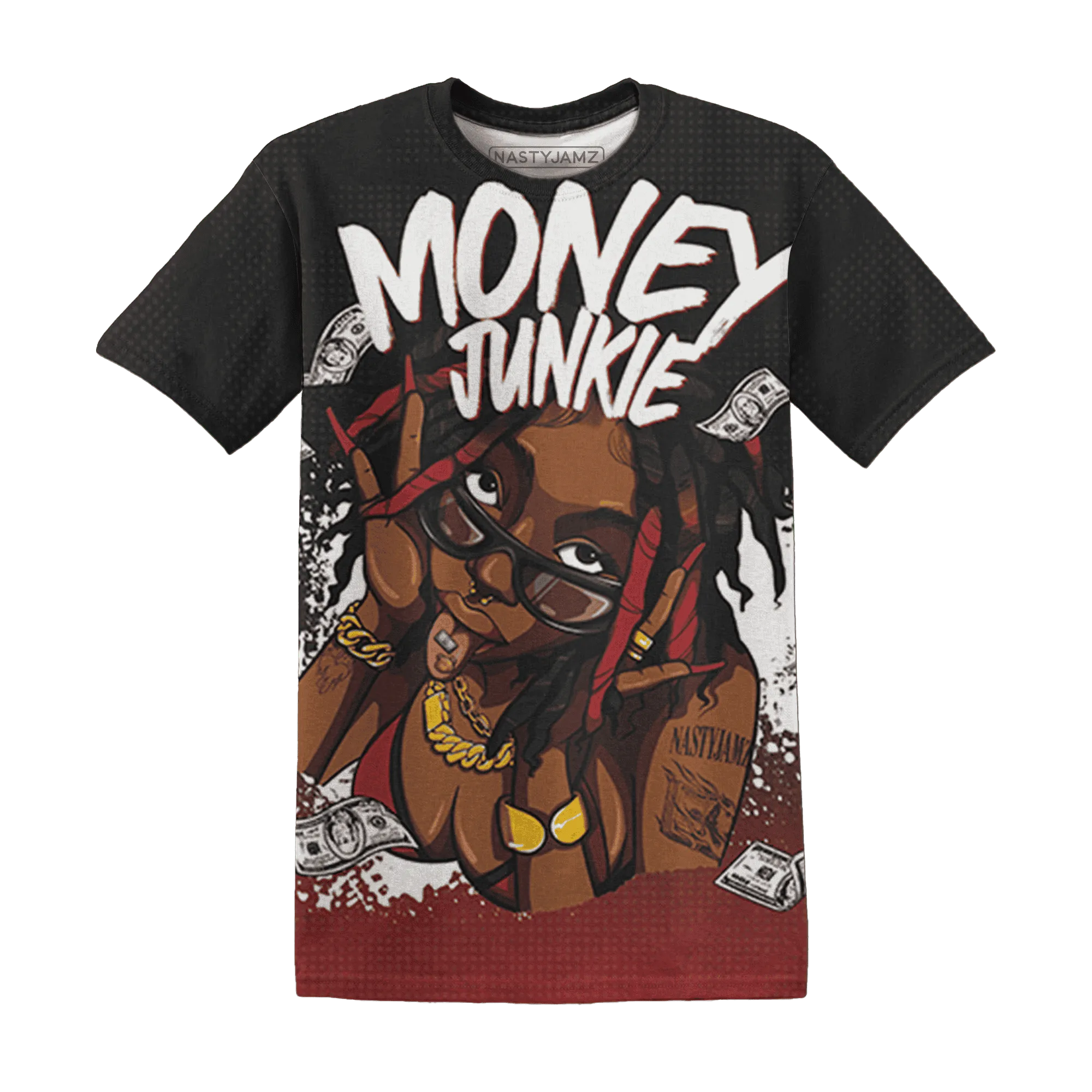 Black-Toe-Reimagined-Red-White-1s-NastyJamz-T-Shirt-Match-Money-Junkie-3D