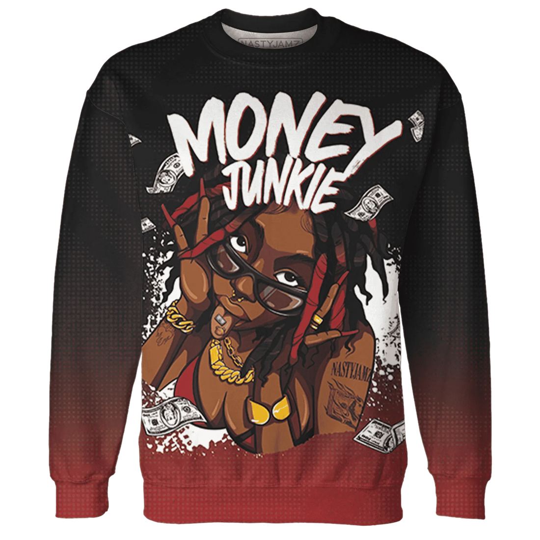 Black-Toe-Reimagined-Red-White-1s-NastyJamz-Sweatshirt-Match-Money-Junkie-3D