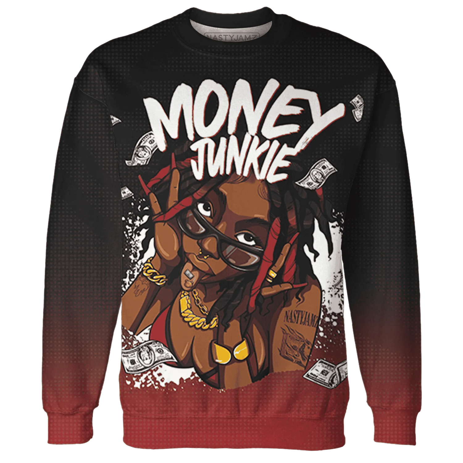 Black-Toe-Reimagined-Red-White-1s-NastyJamz-Sweatshirt-Match-Money-Junkie-3D
