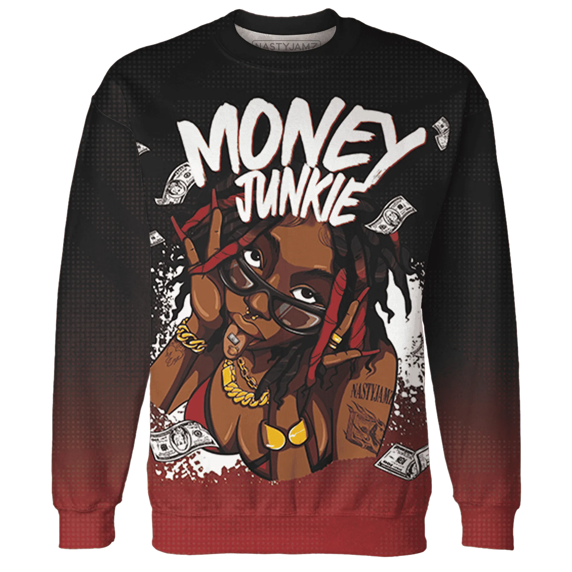 Black-Toe-Reimagined-Red-White-1s-NastyJamz-Sweatshirt-Match-Money-Junkie-3D