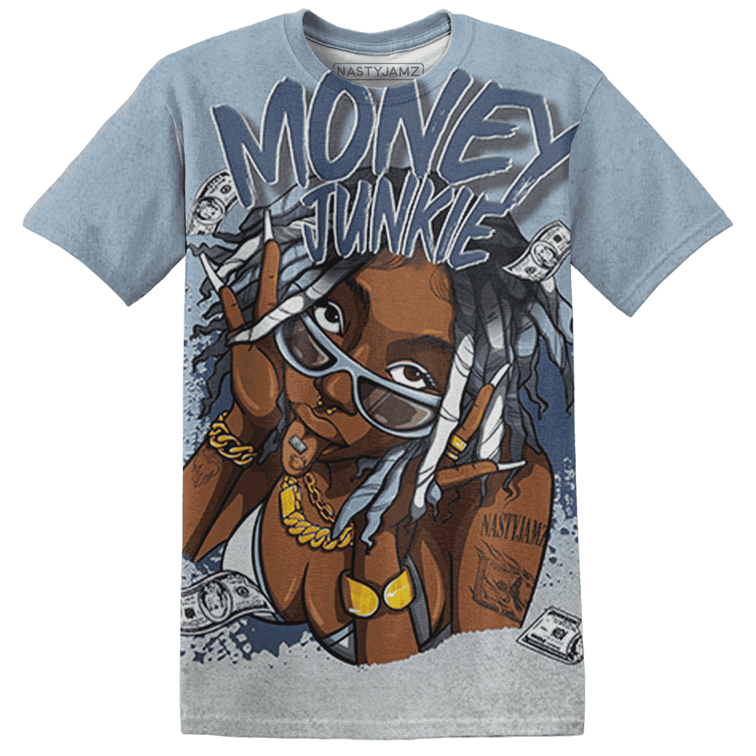 Mid Diffused Blue Grey 1s T Shirt Match Money Junkie 3D All-Over Print - NastyJamz