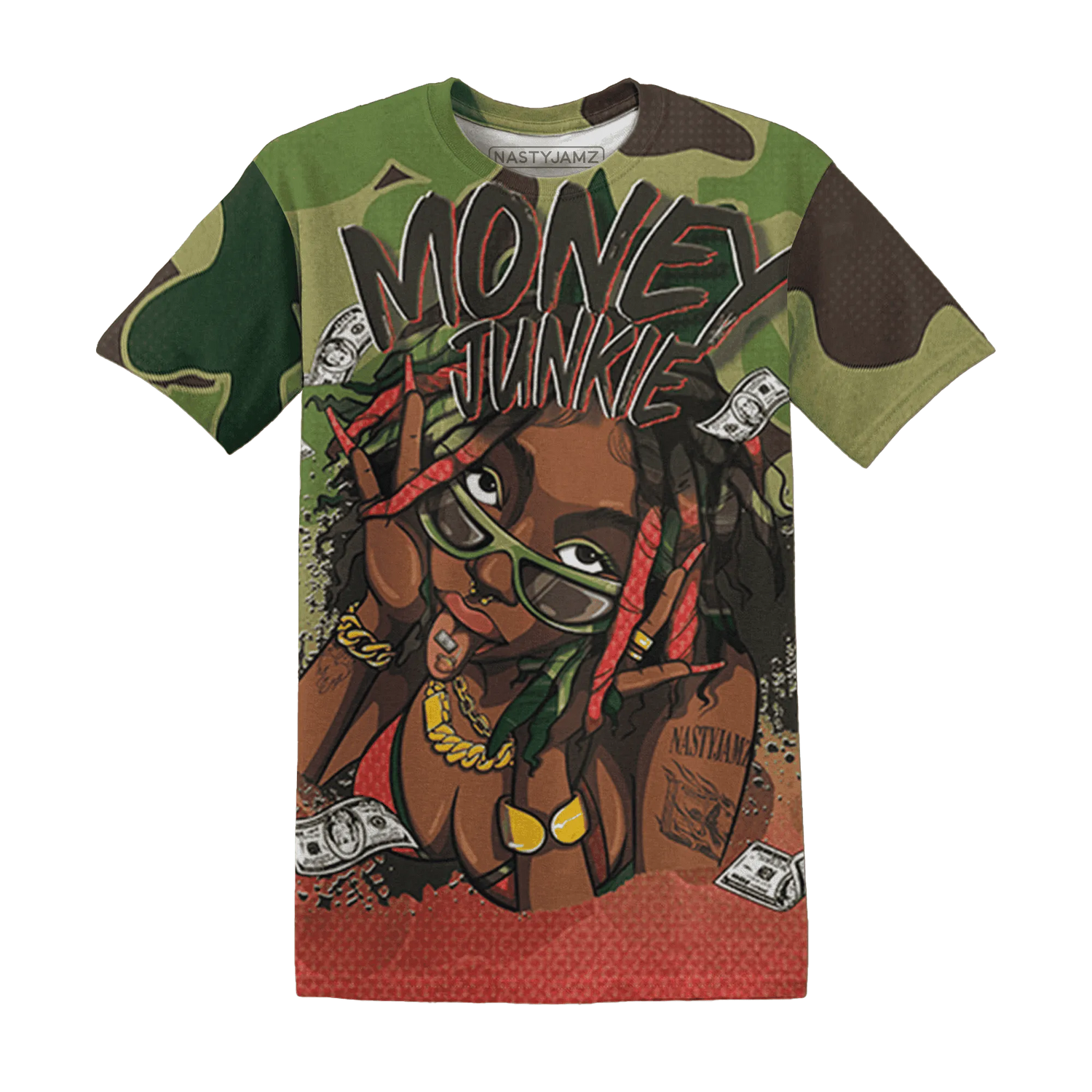 AM-90-Dark-Sage-Solar-Red-NastyJamz-T-Shirt-Match-Money-Junkie-3D