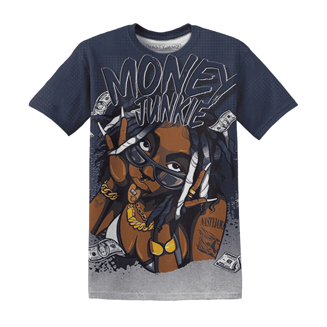 VaporMax-Plus-Midnight-Navy-White-Metallic-Silver-NastyJamz-T-Shirt-Match-Money-Junkie-3D