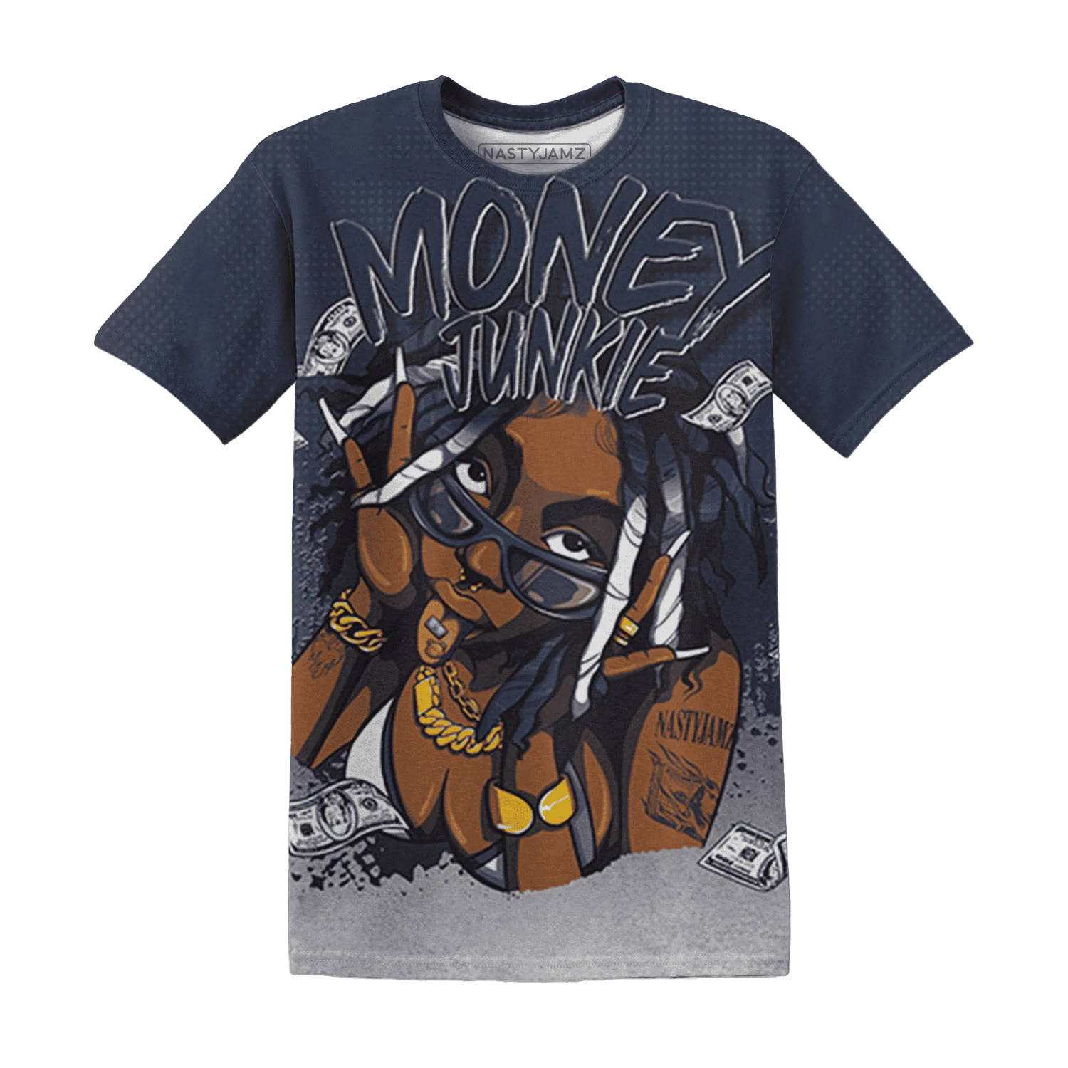 VaporMax-Plus-Midnight-Navy-White-Metallic-Silver-NastyJamz-T-Shirt-Match-Money-Junkie-3D