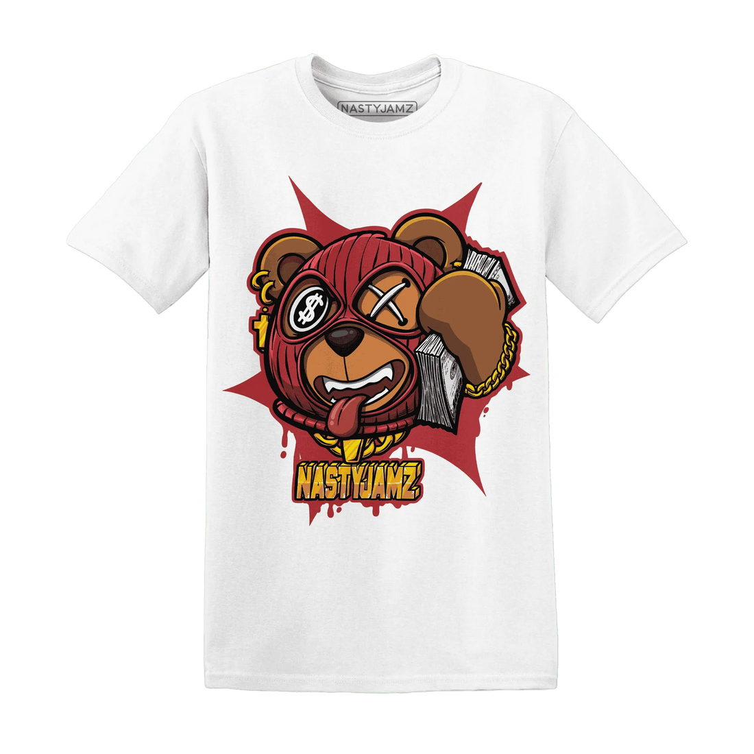 Black-Toe-Reimagined-Red-White-1s-NastyJamz-T-Shirt-Match-Money-Motive-BER