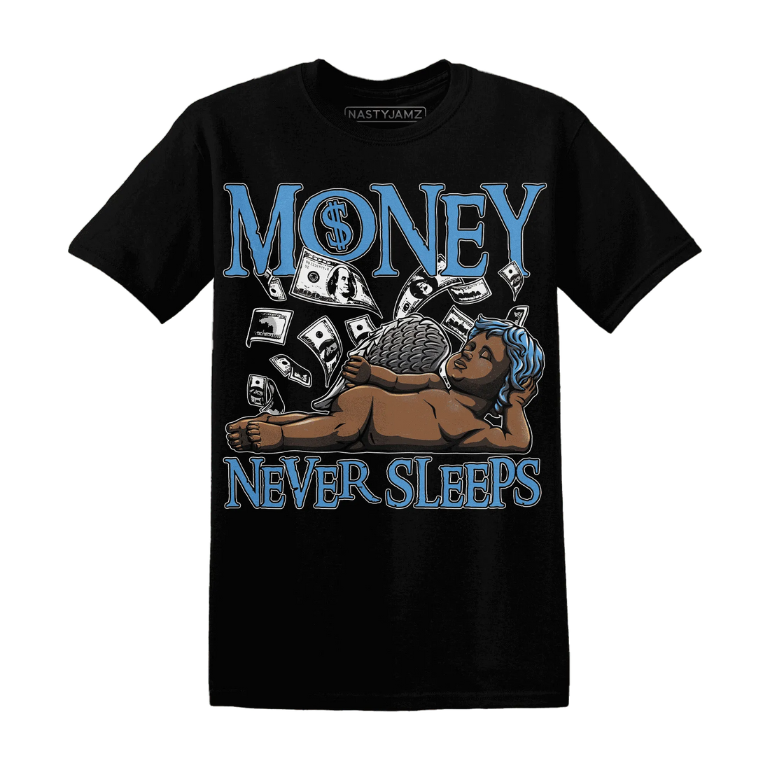 NastyJamz-Carolina-Blue-Univercitii-17s-T-Shirt-Match-Money-Never-Sleeps
