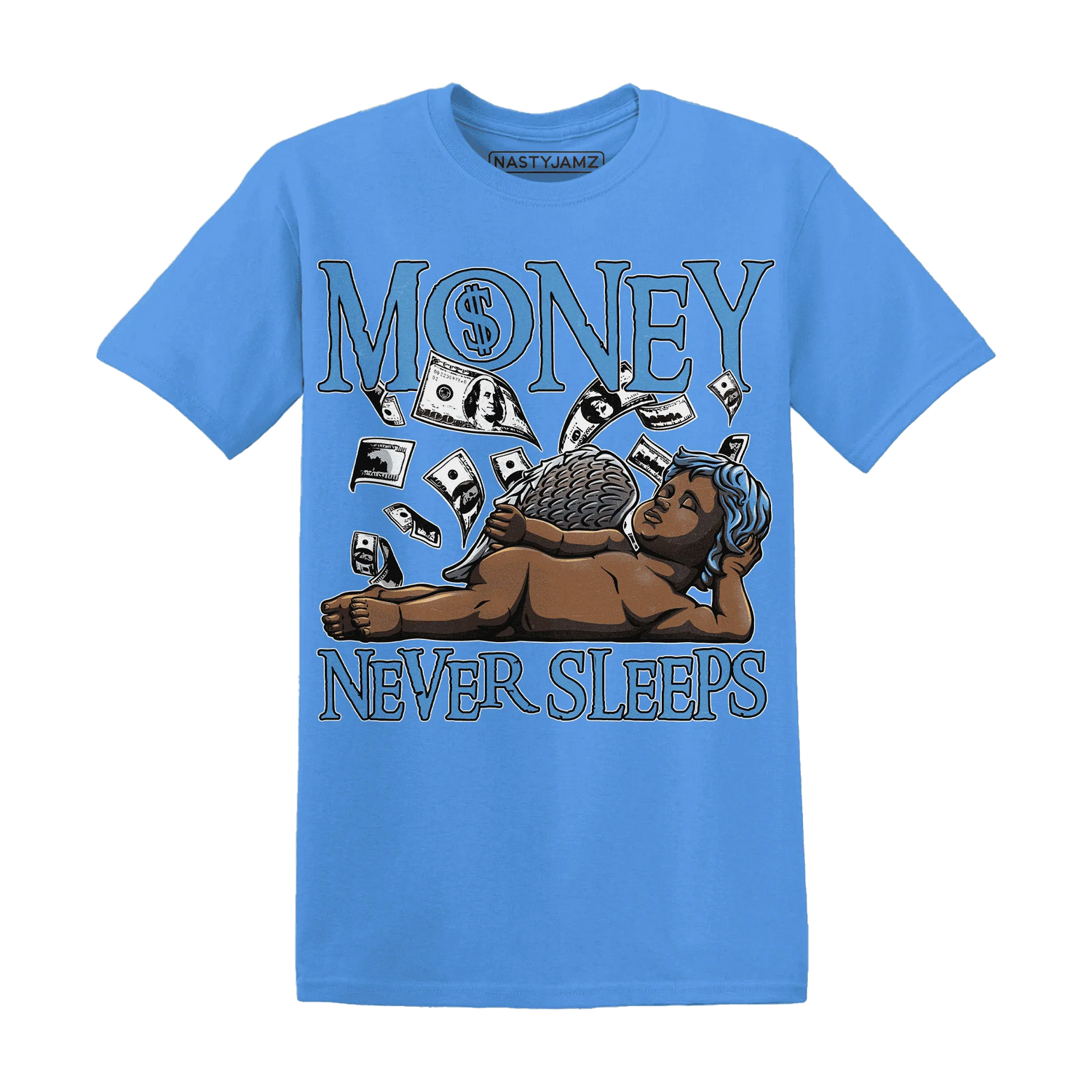 NastyJamz-Carolina-Blue-Univercitii-17s-T-Shirt-Match-Money-Never-Sleeps